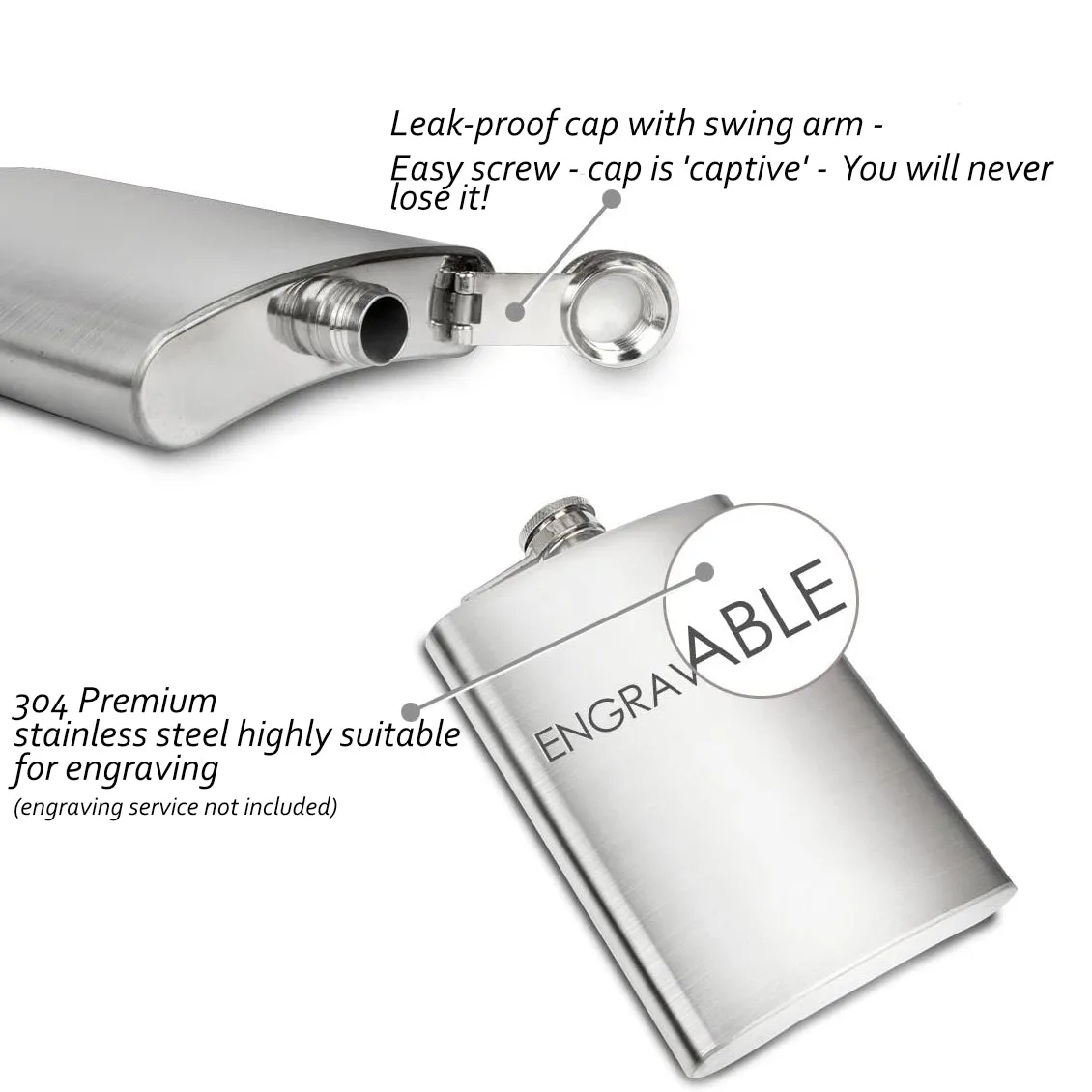 Pure Stainless Steel Hip Flask - 7oz - with Funnel
