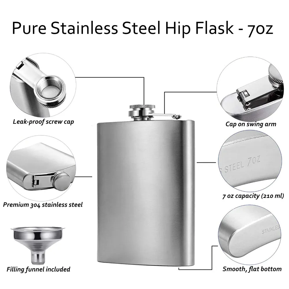 Pure Stainless Steel Hip Flask - 7oz - with Funnel