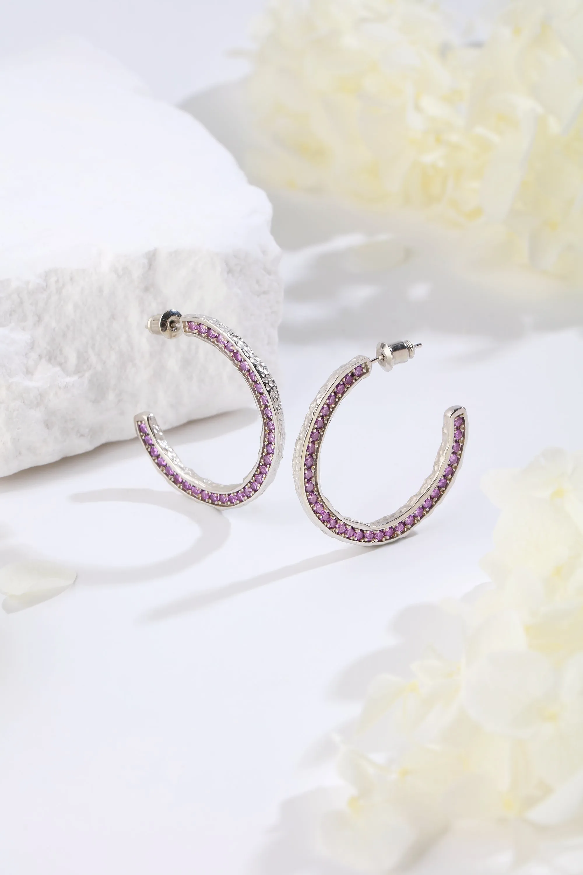 Purple Zirconia Silver Molten C Hoop Earrings