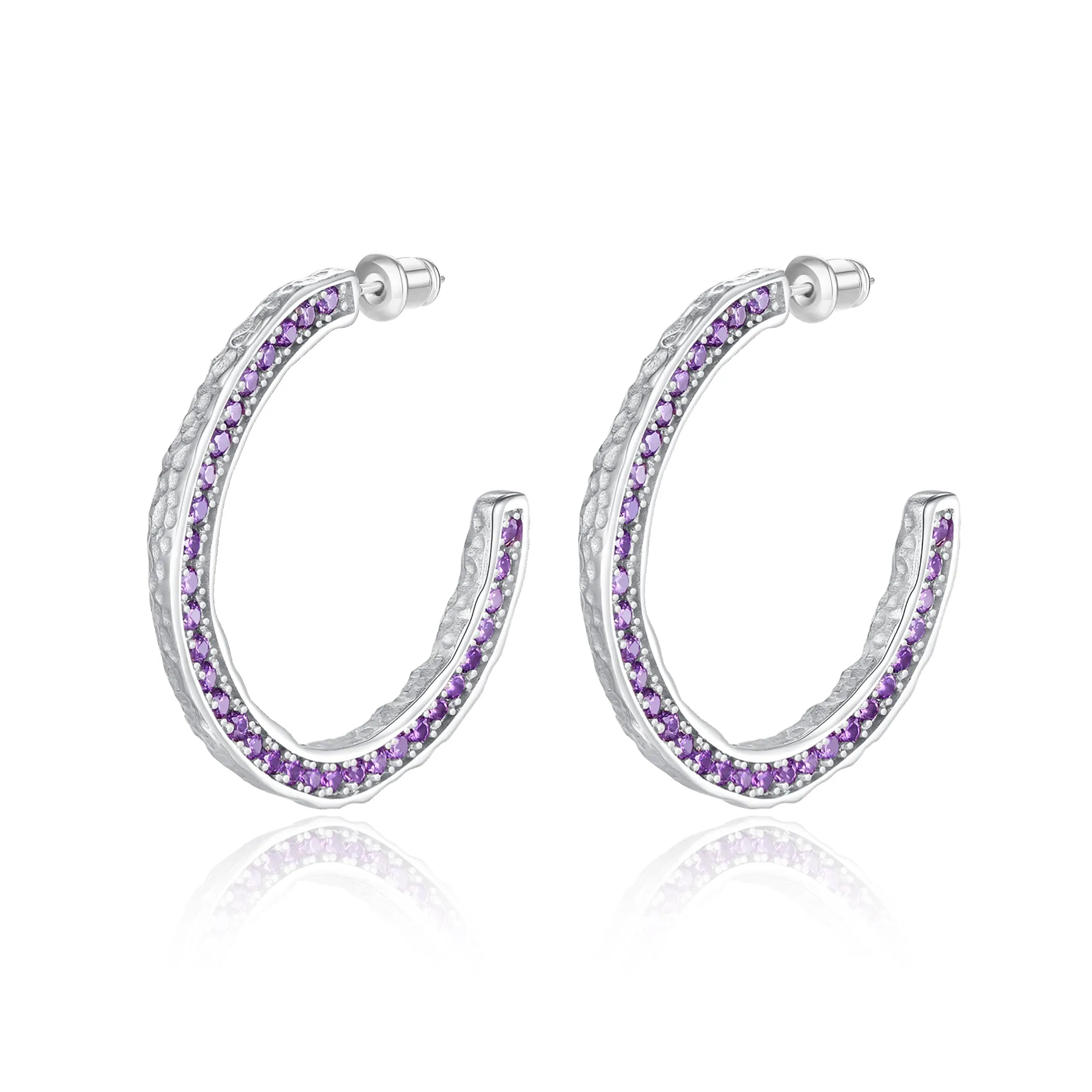 Purple Zirconia Silver Molten C Hoop Earrings