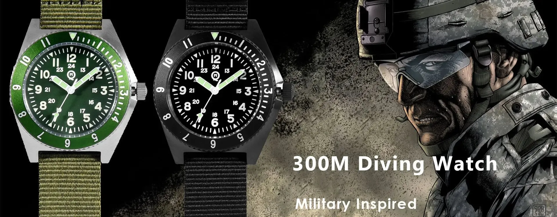 QM "Vietnam" / Platoon US Special Forces UDT Military Men's 300M Diver Super Light C3 Army SM8019BA Without logo Swimming  Watch