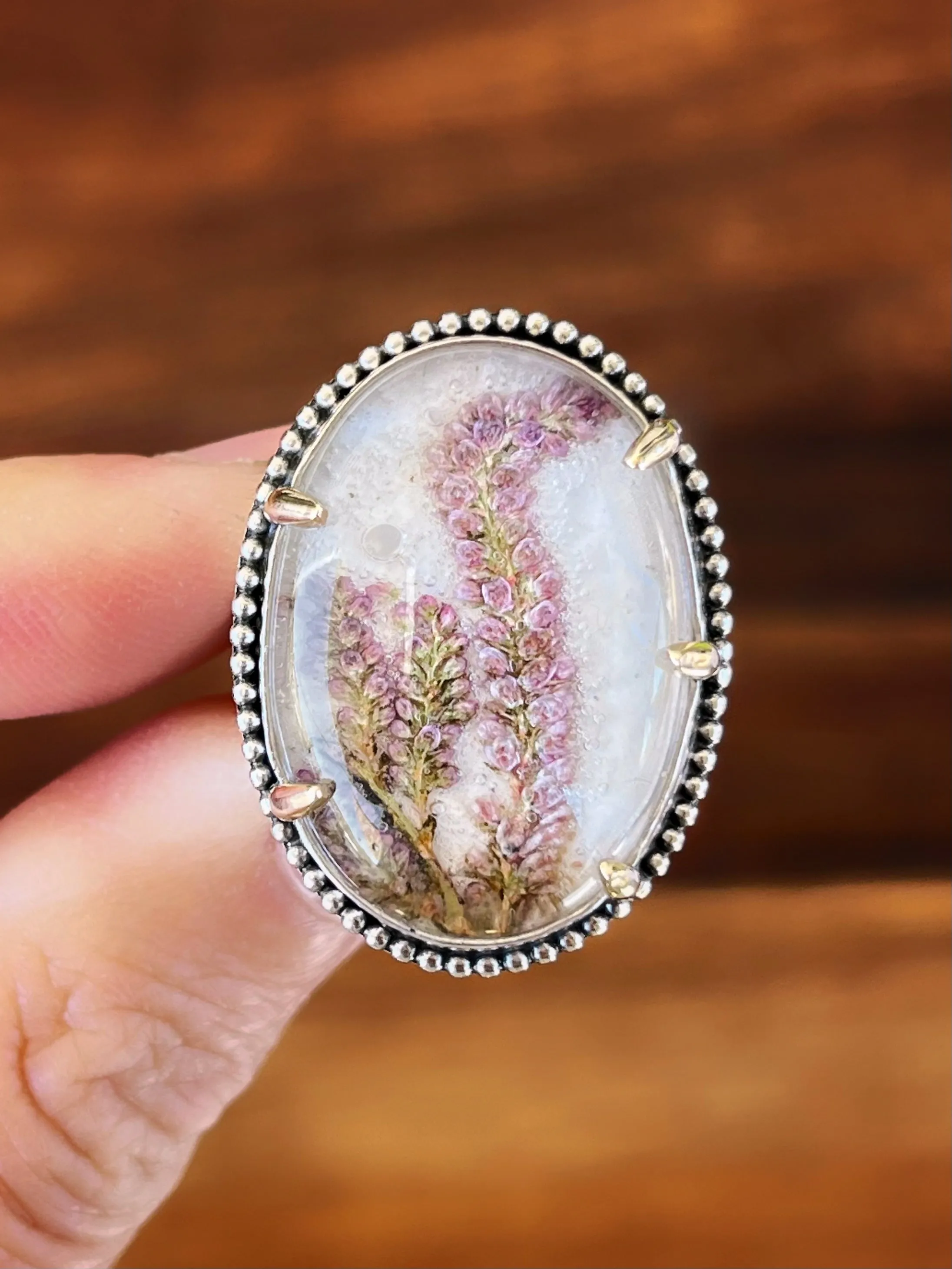 Quartz crystal flower terrarium ring in silver & brass (sizes 8-10)