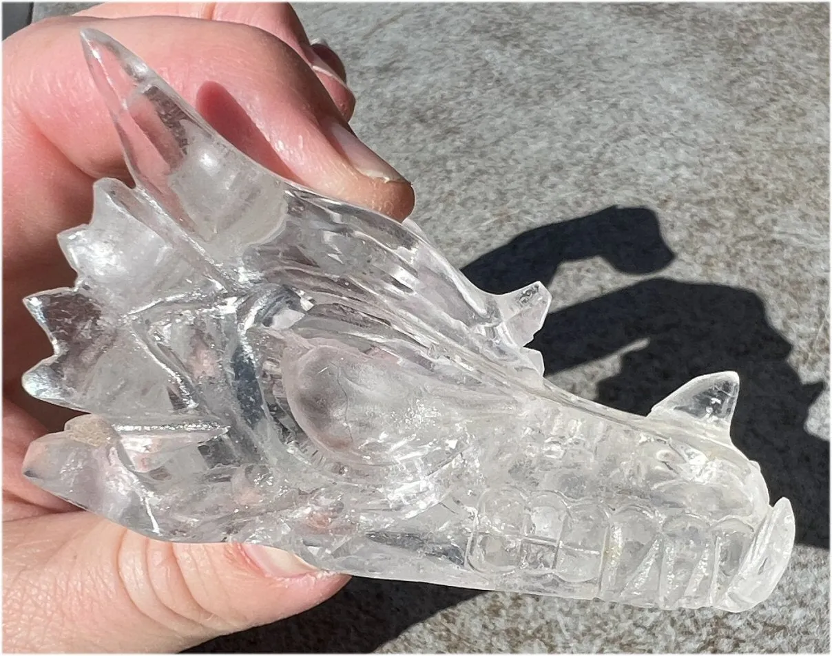 Quartz DRAGON Crystal Skull with Shimmery Rainbows - Focus, Transformation