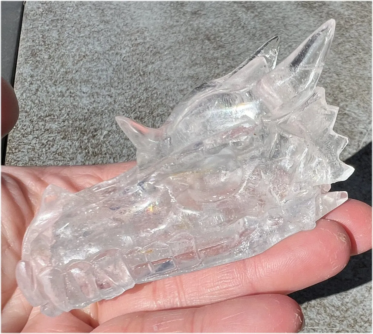 Quartz Dragon Crystal Skull with Tiny Golden Healer Hematite, Rainbows - Focus, Transformation