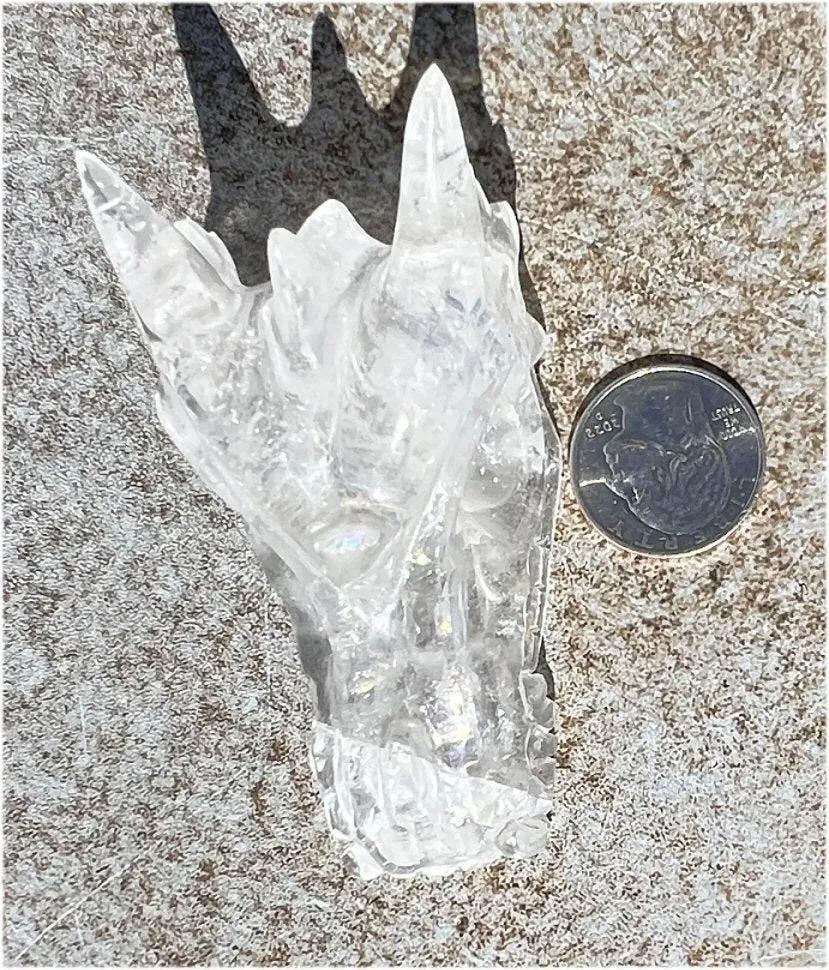 Quartz Dragon Crystal Skull with Tiny Golden Healer Hematite, Rainbows - Focus, Transformation