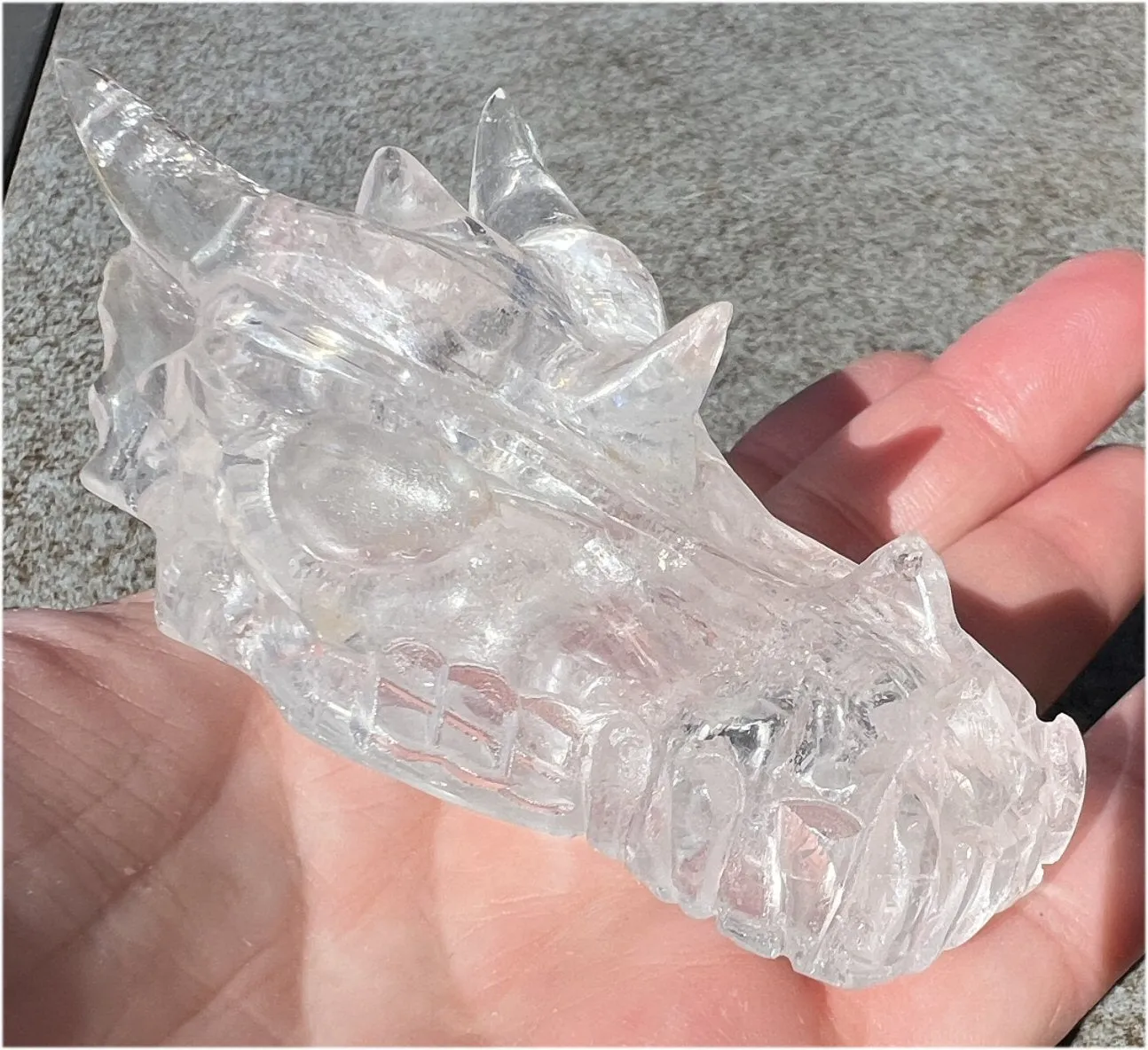 Quartz Dragon Crystal Skull with Tiny Golden Healer Hematite, Rainbows - Focus, Transformation