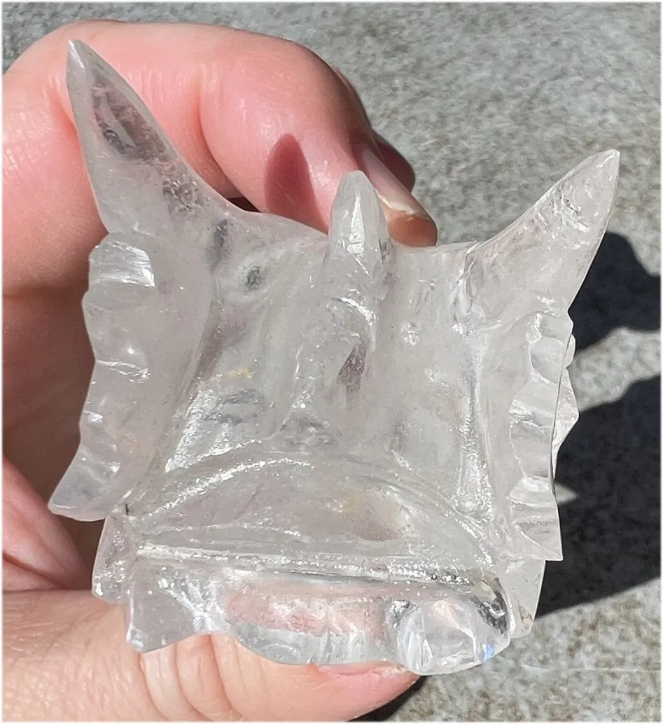Quartz Dragon Crystal Skull with Tiny Golden Healer Hematite, Rainbows - Focus, Transformation