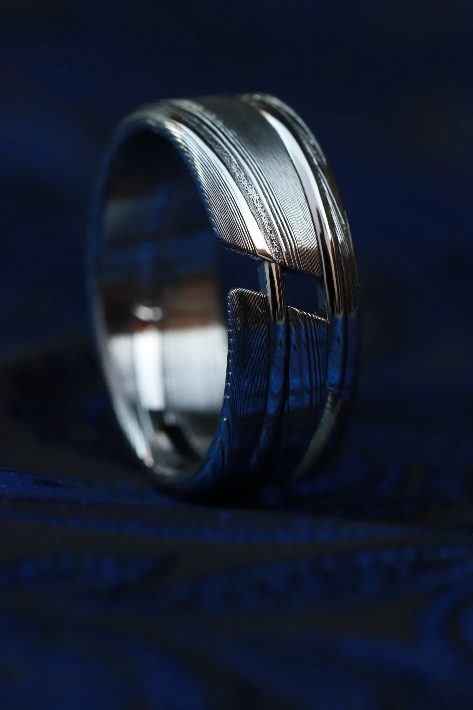 "One" hybrid Damascus steel ring "WOODGRAIN" ring! Stainless Damasteel ring mens wedding bands woodgrain pattern damascus