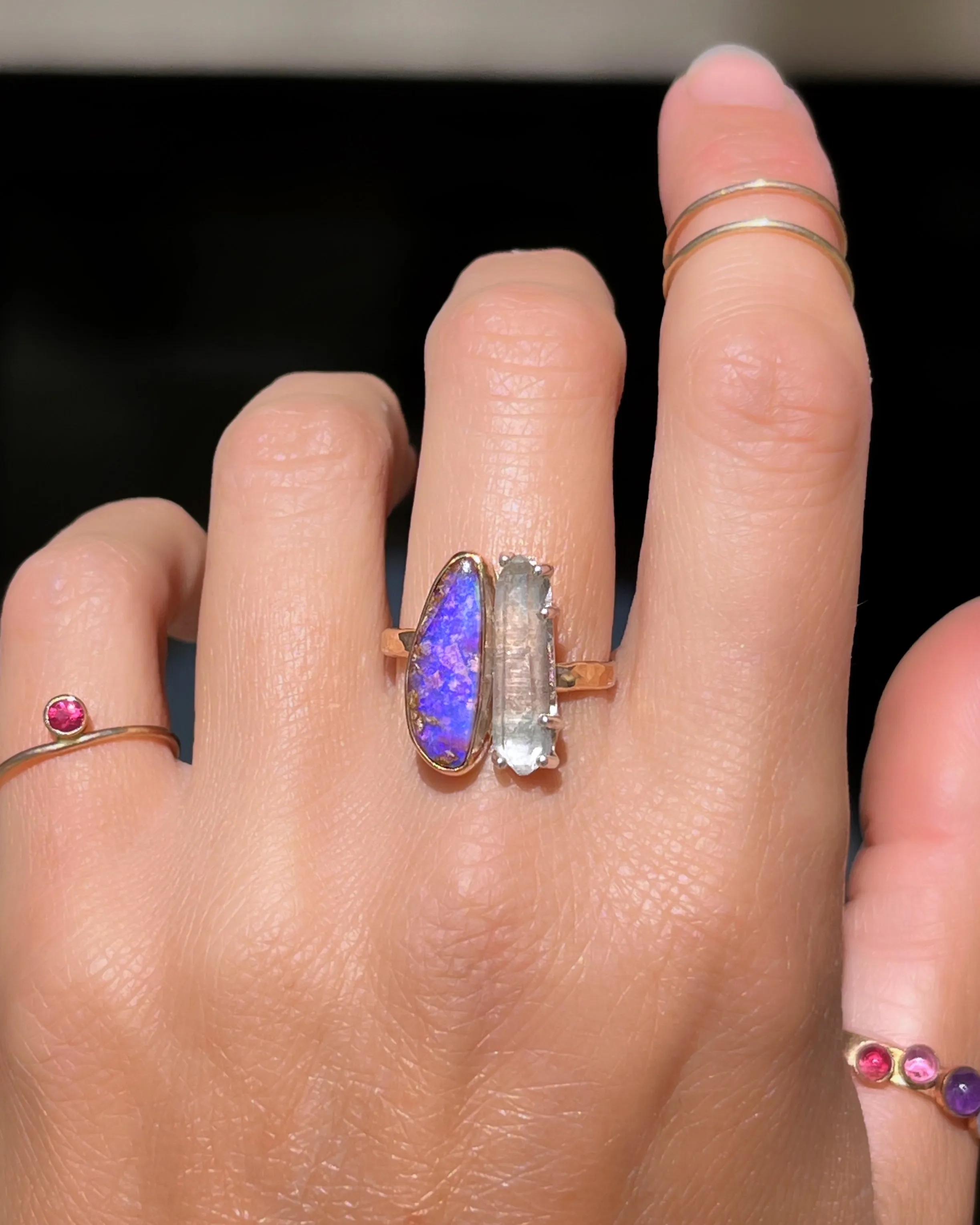 RARE crystal pipe opal & quartz ring (sizes 6 to 9)