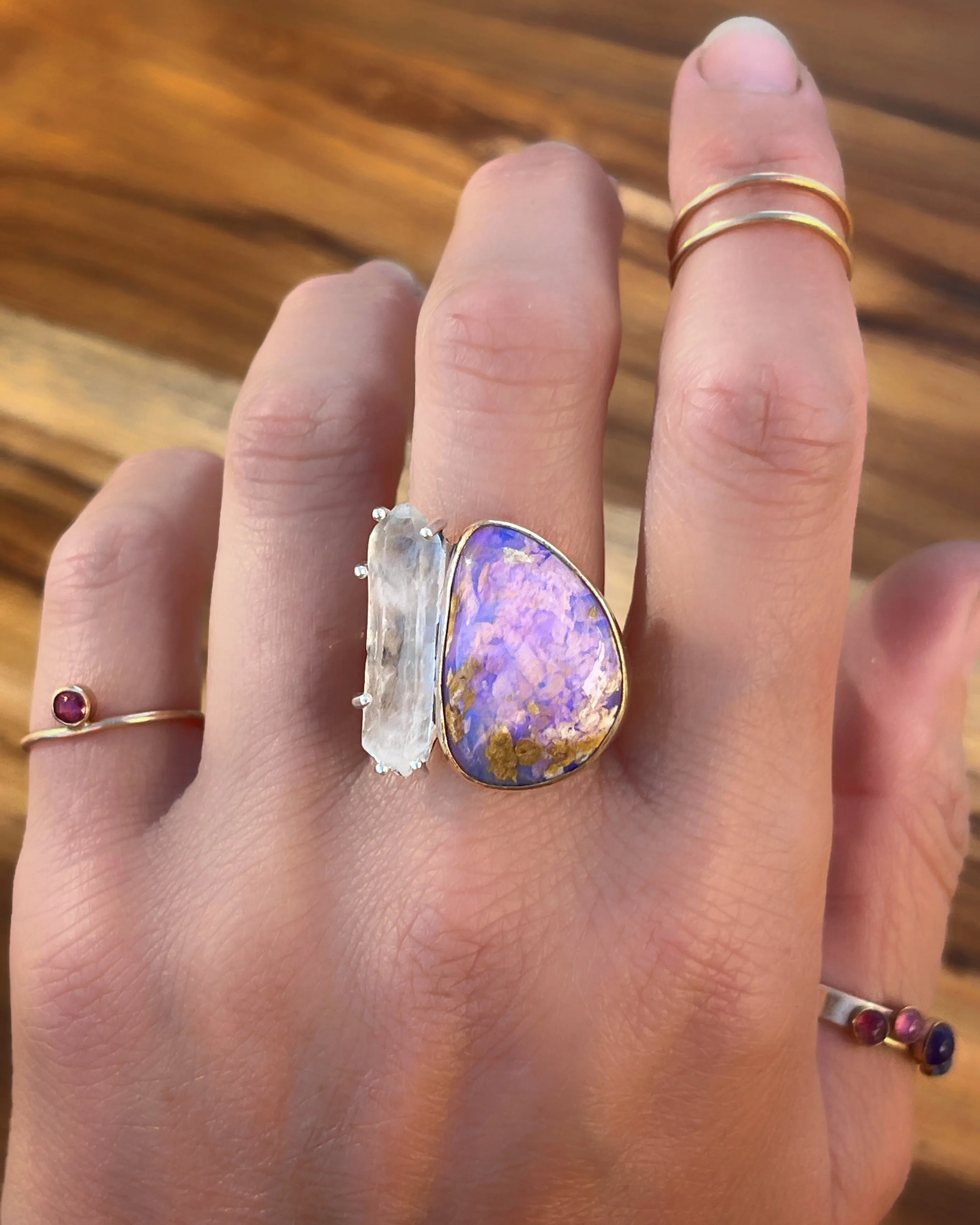 RARE crystal pipe opal & quartz ring (sizes 7 to 10)