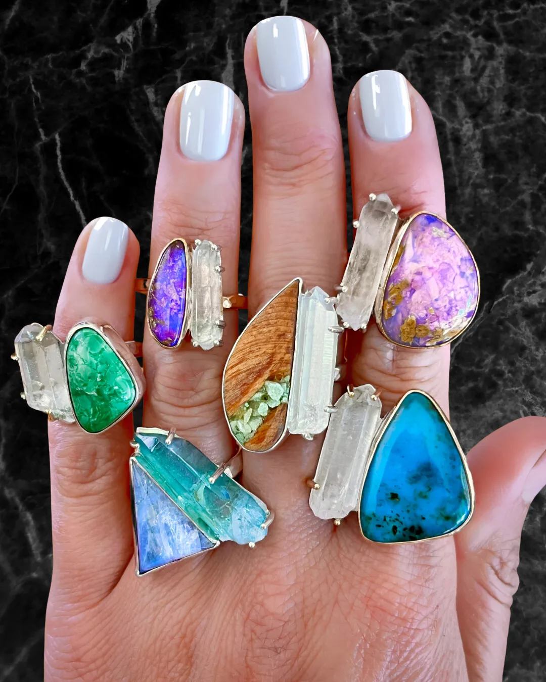 RARE crystal pipe opal & quartz ring (sizes 7 to 10)