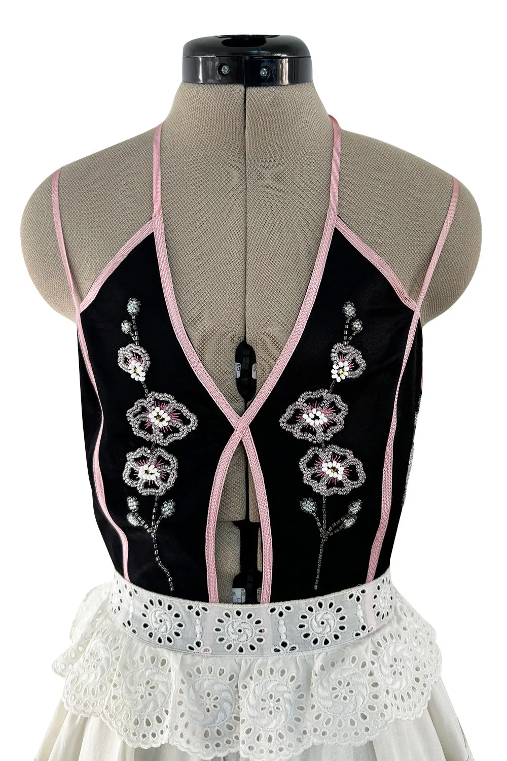 Rare Spring 1977 Bill Gibb "Flowers & Lace" Collection Beaded Halter Ruffle Dress