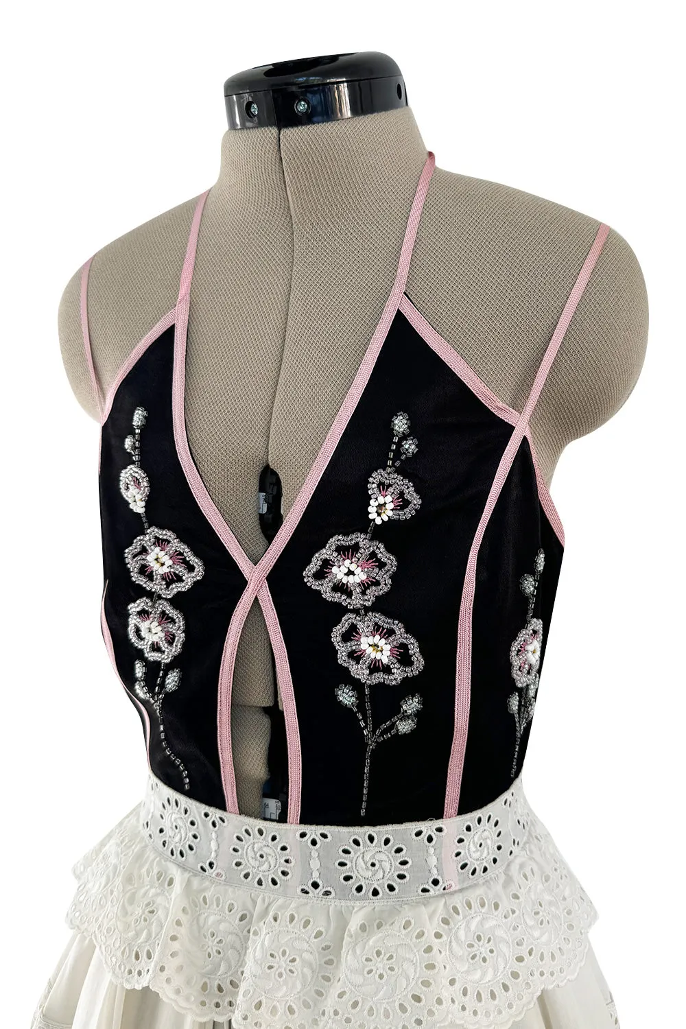 Rare Spring 1977 Bill Gibb "Flowers & Lace" Collection Beaded Halter Ruffle Dress