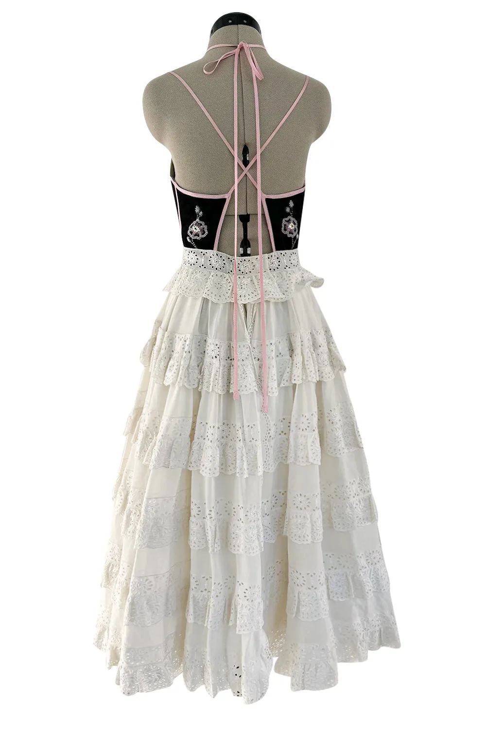Rare Spring 1977 Bill Gibb "Flowers & Lace" Collection Beaded Halter Ruffle Dress