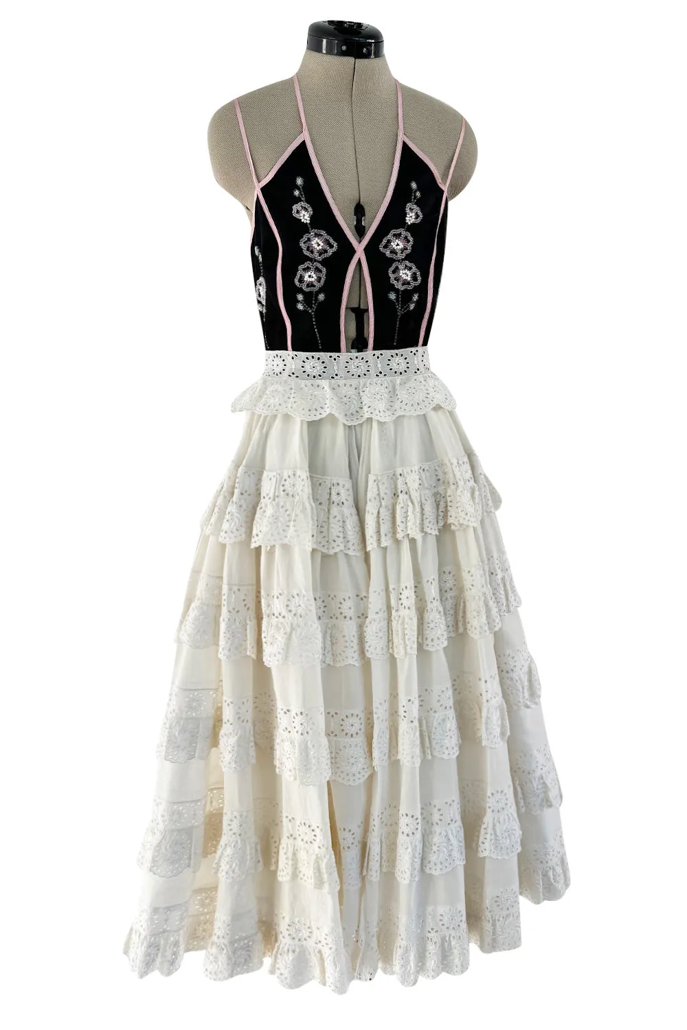 Rare Spring 1977 Bill Gibb "Flowers & Lace" Collection Beaded Halter Ruffle Dress