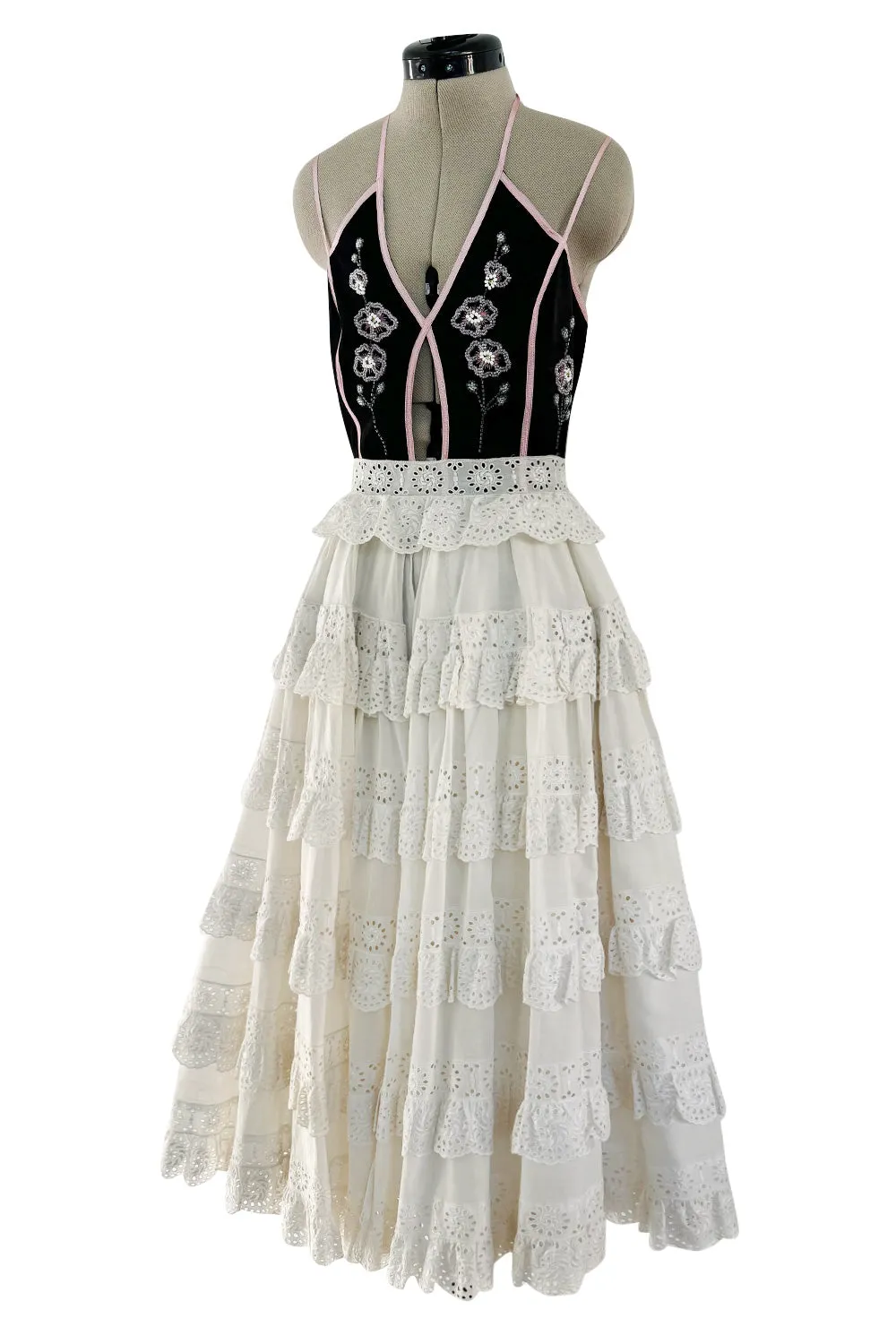 Rare Spring 1977 Bill Gibb "Flowers & Lace" Collection Beaded Halter Ruffle Dress