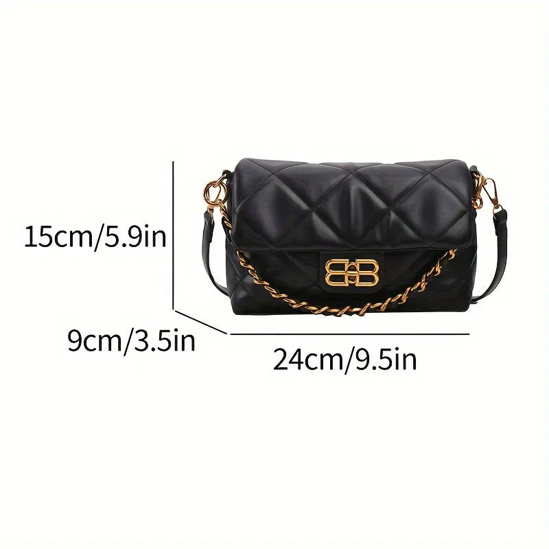 realaiot  Luxury Argyle Quilted Crossbody Bag, Simple PU Leather Handbag, Fashion Chain Shoulder Bag For Women