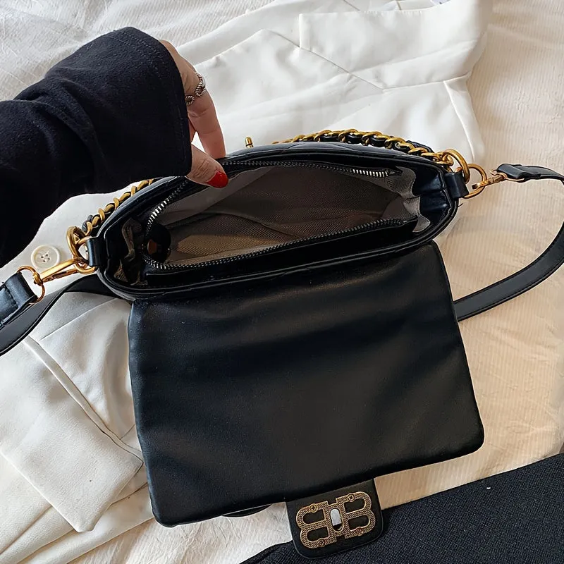 realaiot  Luxury Argyle Quilted Crossbody Bag, Simple PU Leather Handbag, Fashion Chain Shoulder Bag For Women