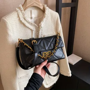 realaiot  Luxury Argyle Quilted Crossbody Bag, Simple PU Leather Handbag, Fashion Chain Shoulder Bag For Women