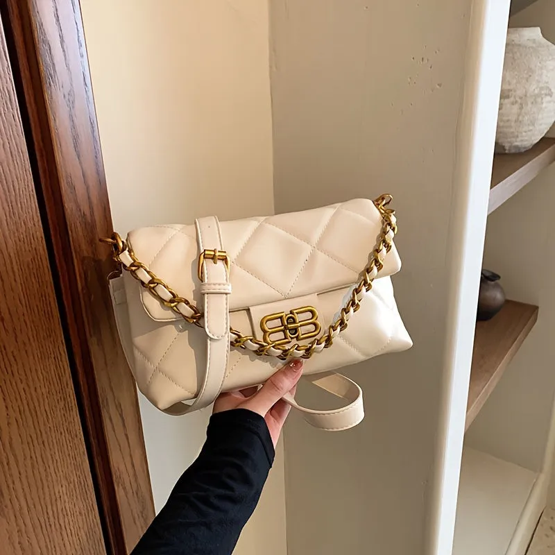 realaiot  Luxury Argyle Quilted Crossbody Bag, Simple PU Leather Handbag, Fashion Chain Shoulder Bag For Women