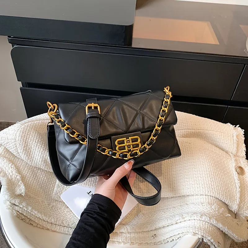 realaiot  Luxury Argyle Quilted Crossbody Bag, Simple PU Leather Handbag, Fashion Chain Shoulder Bag For Women