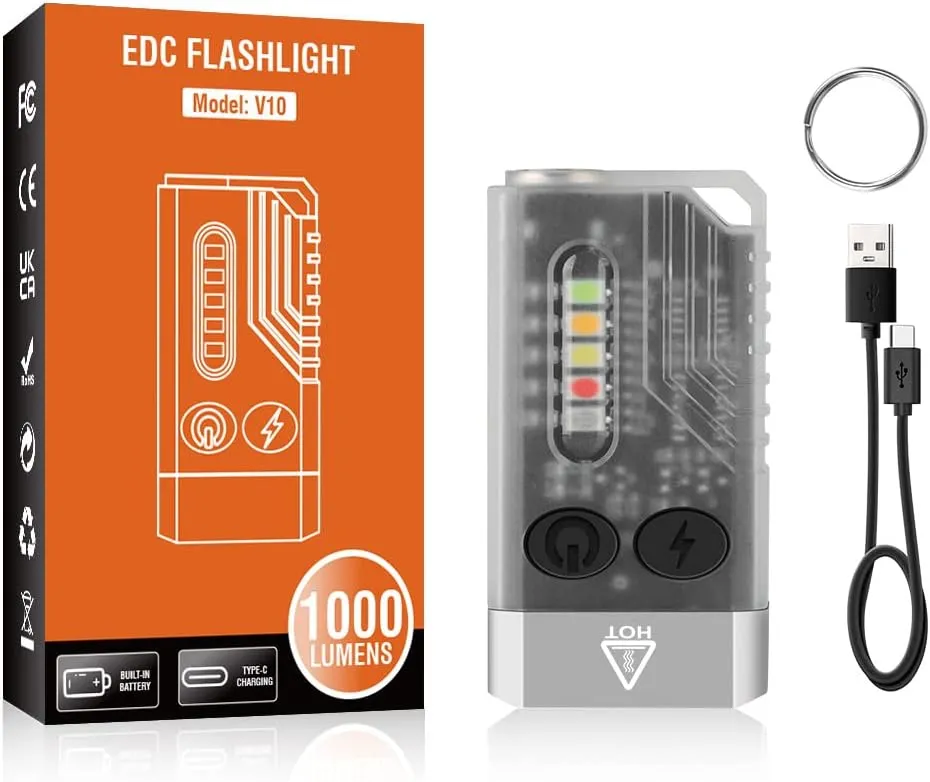 RECON GS2 V10 Small Powerful Keychain Flashlight With 365nm UV Red Green Blue Light,High Lumens 1000 LM USB C Rechargeable Mini Pocket LED Flashlight