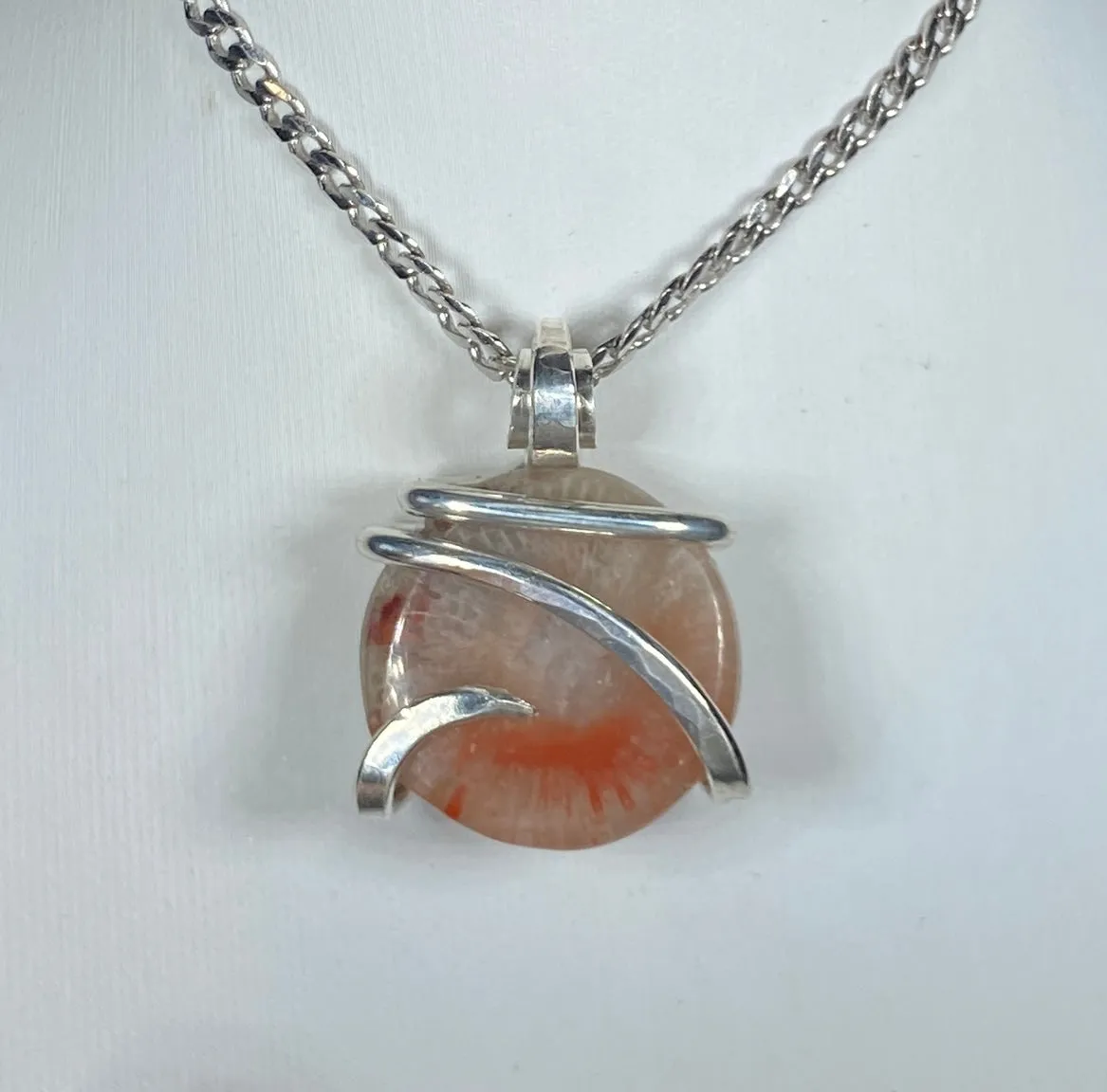 Red Coral Handmade Stone Pendant  Wrapped in Silver