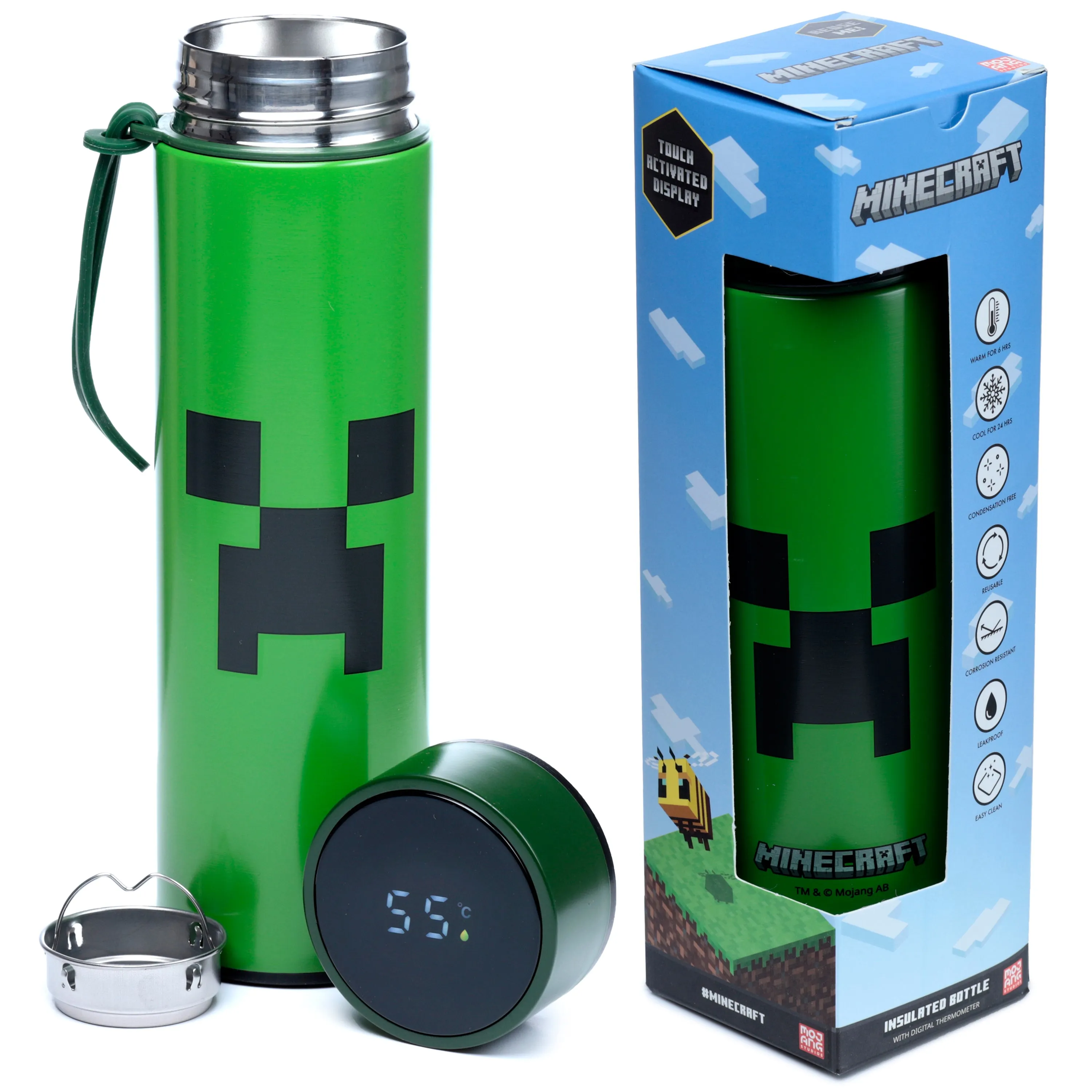 Reusable Stainless Steel Hot & Cold Insulated Drinks Bottle Digital Thermometer - Minecraft Creeper