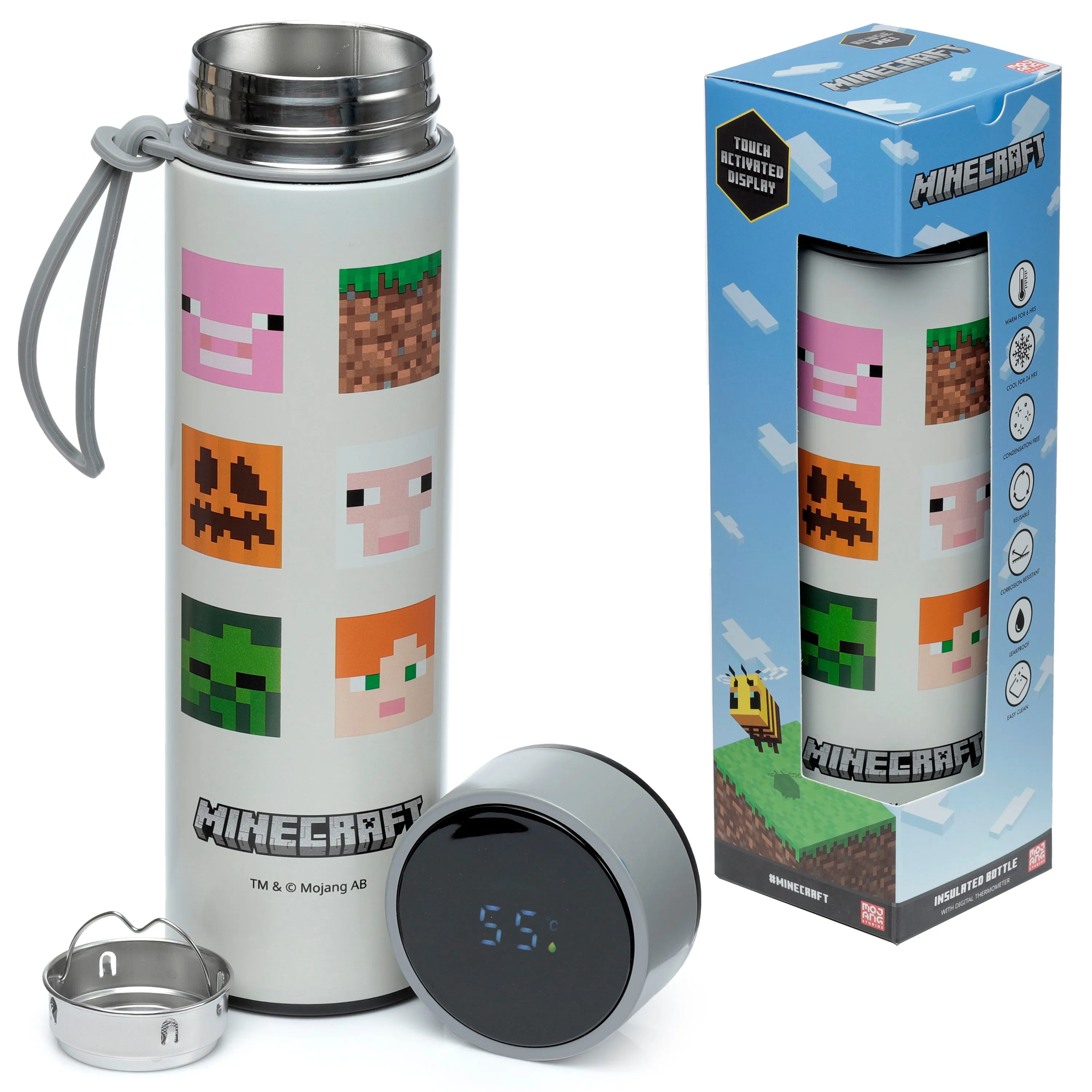 Reusable Stainless Steel Hot & Cold Insulated Drinks Bottle Digital Thermometer - Minecraft Faces