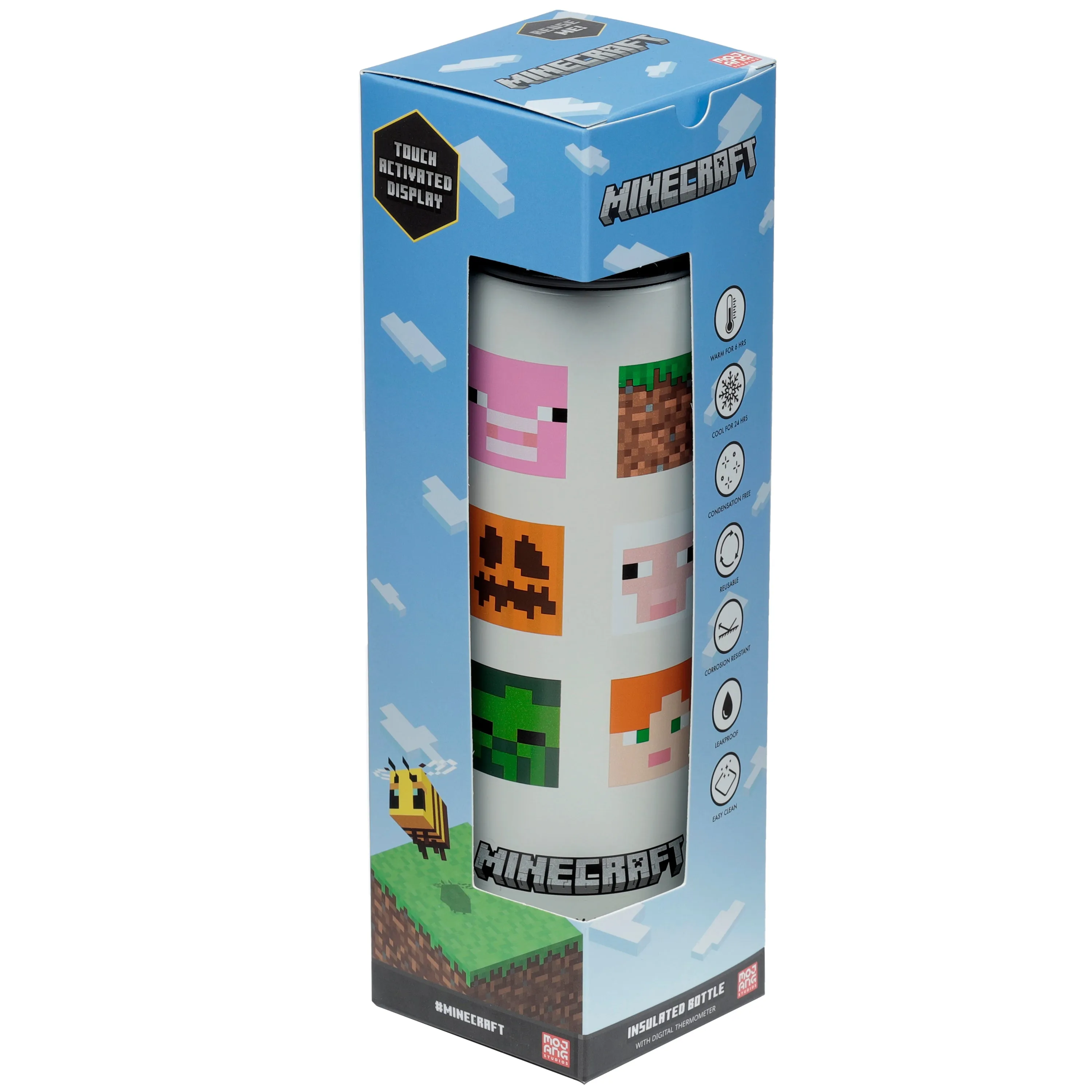 Reusable Stainless Steel Hot & Cold Insulated Drinks Bottle Digital Thermometer - Minecraft Faces