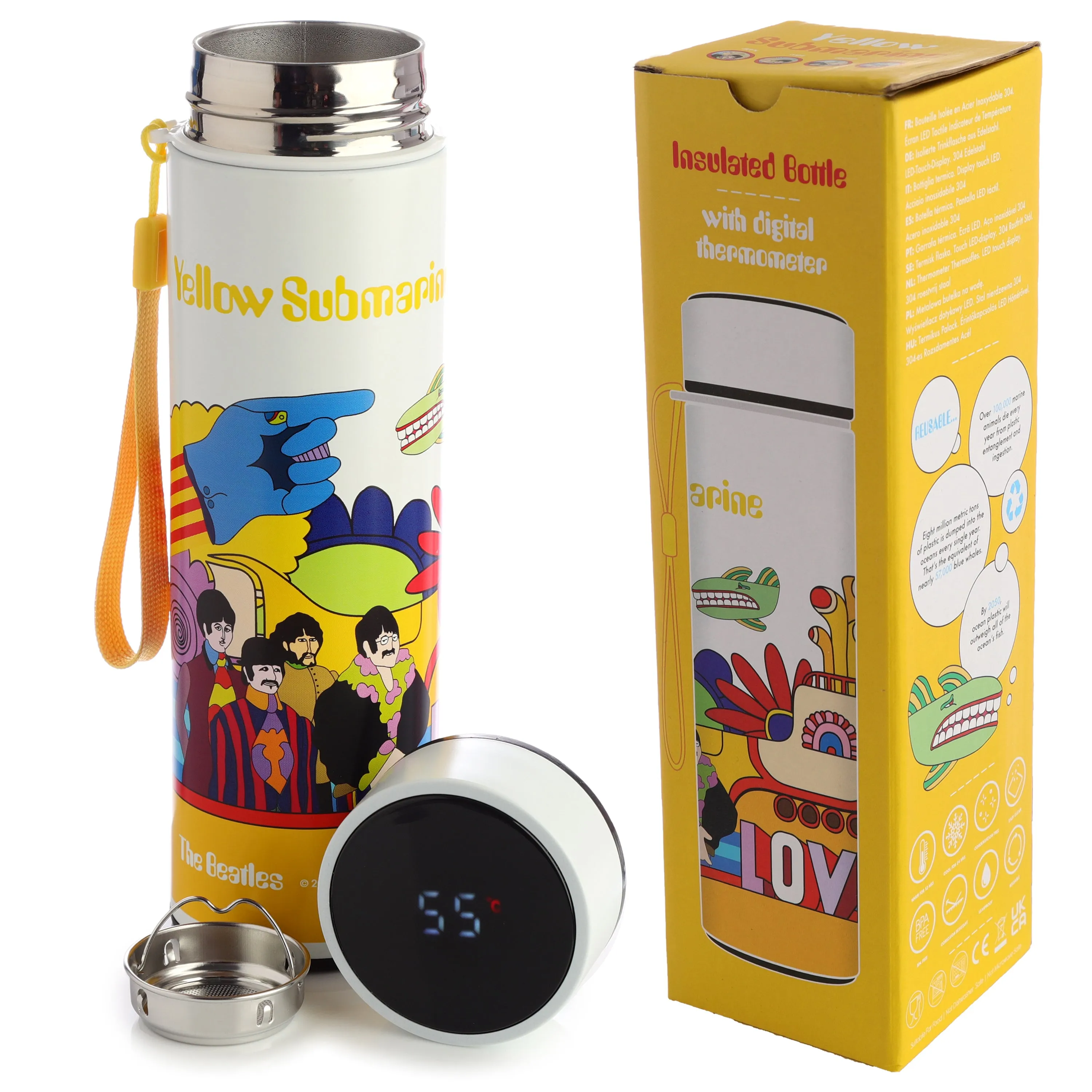 Reusable Stainless Steel Hot & Cold Insulated Drinks Bottle Digital Thermometer - Yellow Submarine