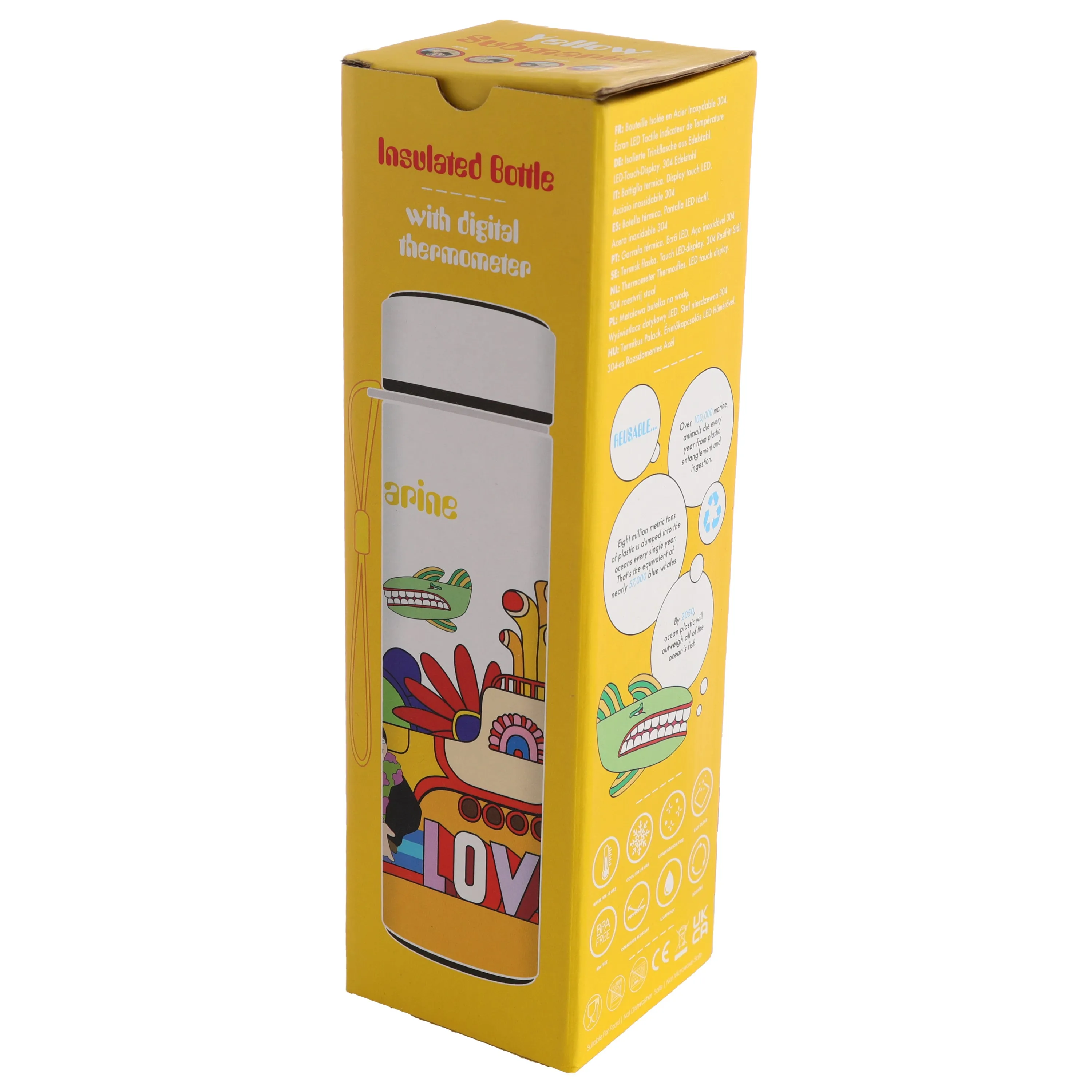 Reusable Stainless Steel Hot & Cold Insulated Drinks Bottle Digital Thermometer - Yellow Submarine