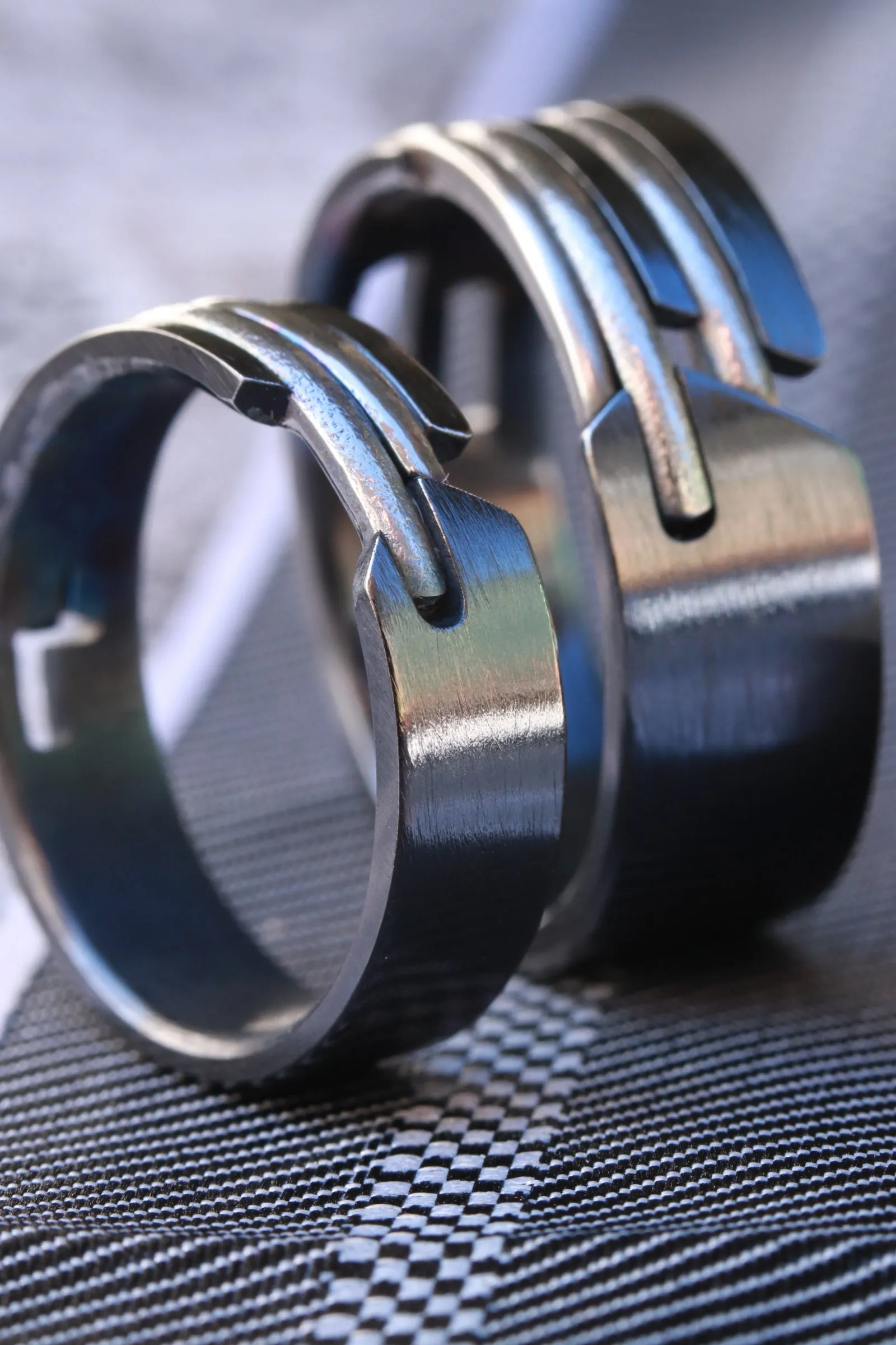 Ring set - QUILL handmade two black titanium rings with titanium inlays hybrid set