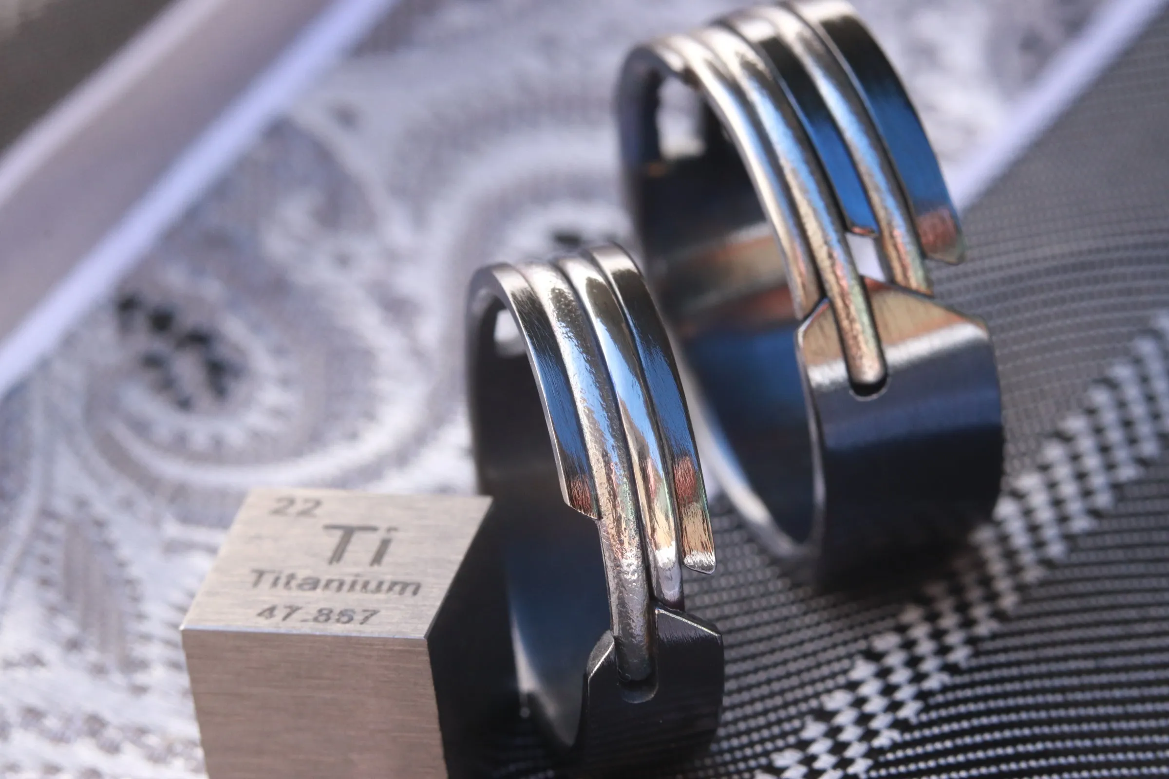 Ring set - QUILL handmade two black titanium rings with titanium inlays hybrid set