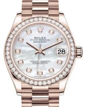 Rolex Datejust 31MM Lady Midsize Rose Gold White Mother of Pearl Diamond Dial & Diamond Bezel President Bracelet 278285RBR - NEW