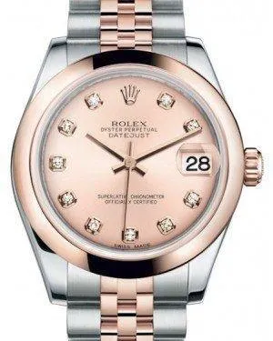 Rolex Datejust 31MM Lady Midsize Rose Gold/Steel Pink Diamond Dial & Smooth Domed Bezel Jubilee Bracelet 178241 - NEW