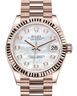 Rolex Lady-Datejust 31 Rose Gold White Mother of Pearl Diamond Dial & Fluted Bezel President Bracelet 278275