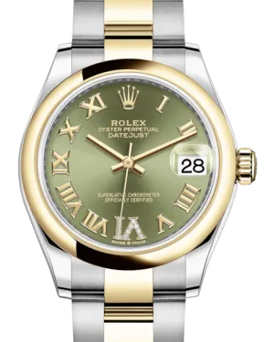 Rolex Lady-Datejust 31 Yellow Gold/Steel Olive Green Roman Diamond VI Dial & Smooth Domed Bezel Oyster Bracelet 278243
