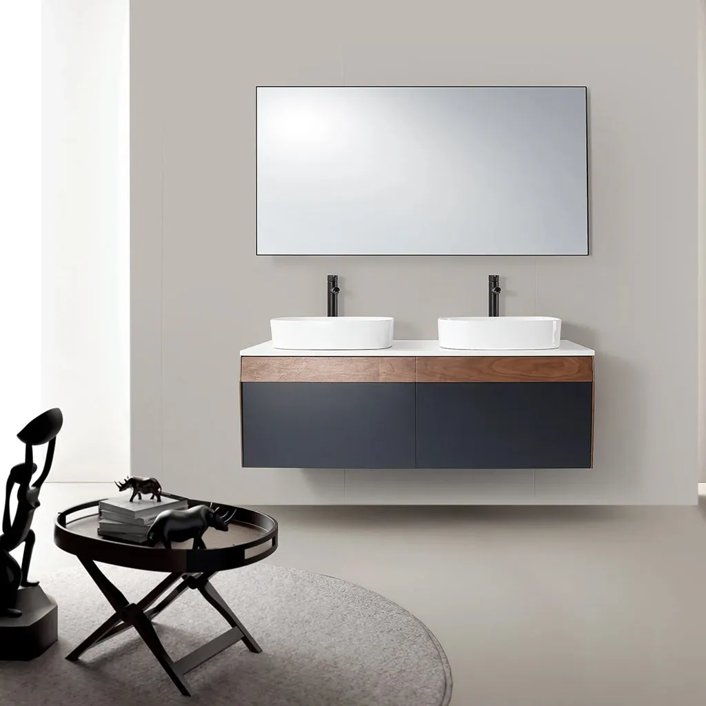 Ronda 2 Drawers Bathroom Vanity with Quartz Top and Vessel Sink - Wall Mount - 55" Wood/Dark Blue/Walnut