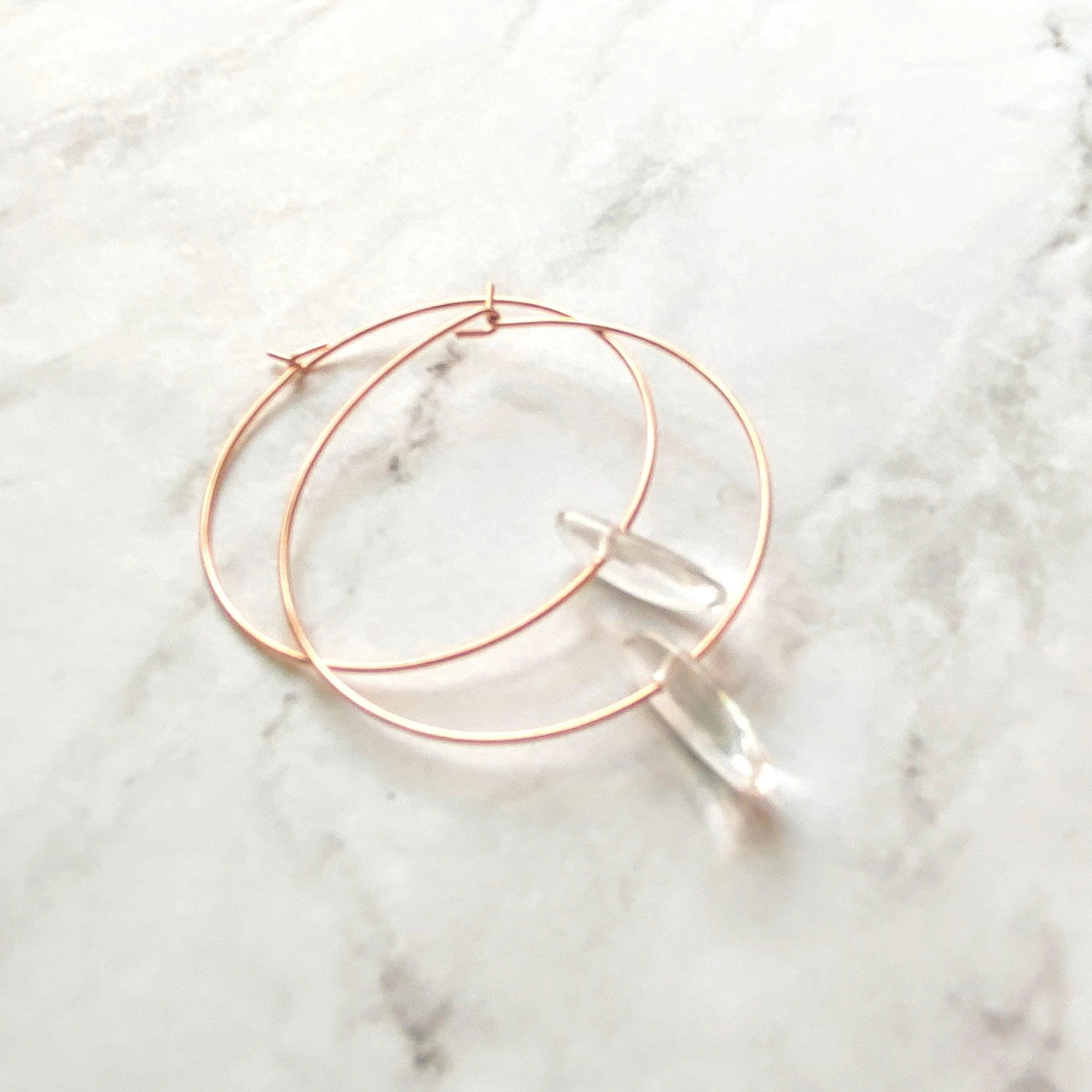 Rose Gold Hoops w/ clear quartz crystal spikes - thin simple 1.5 inch diam earrings - sacred healing concentration memory energy vibrations