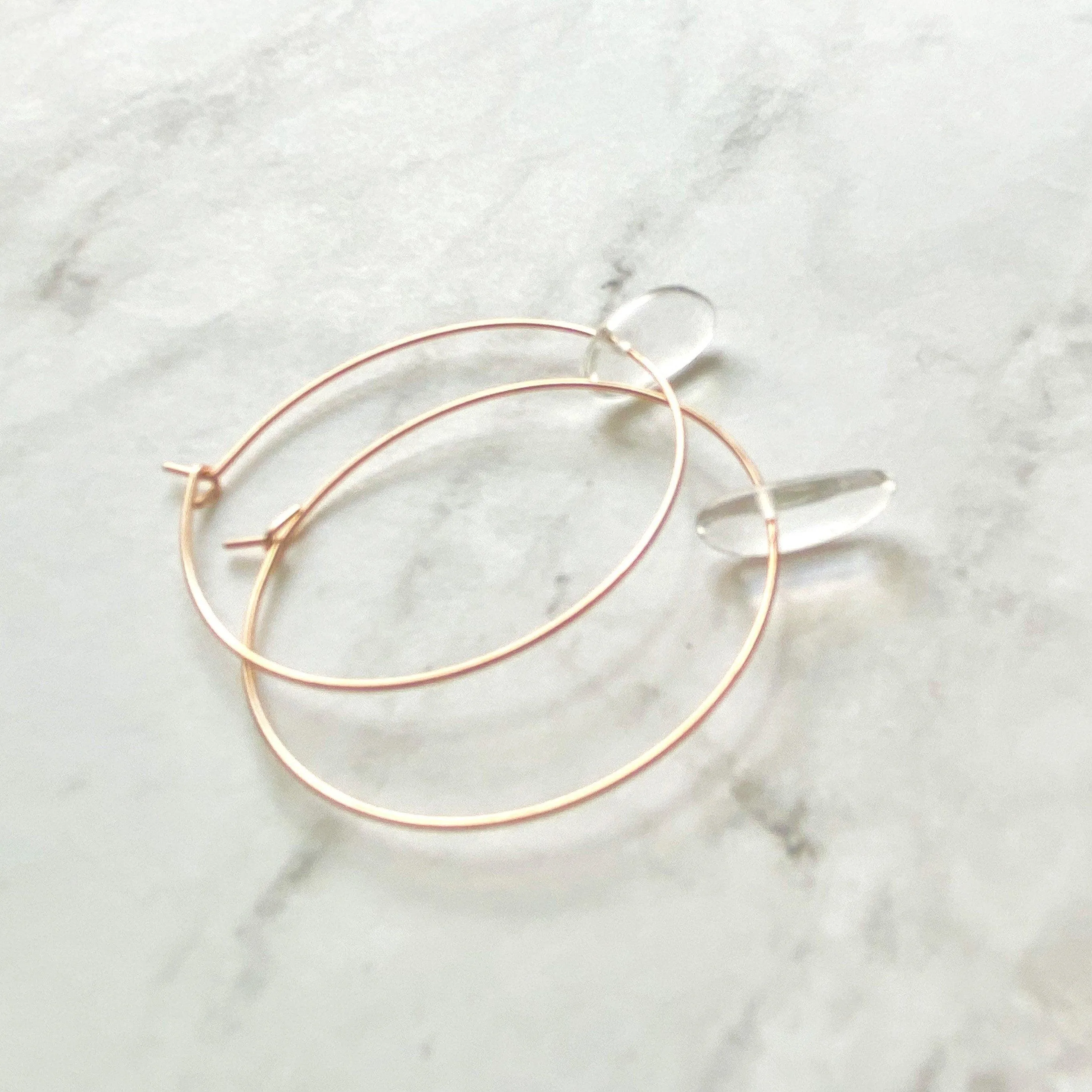 Rose Gold Hoops w/ clear quartz crystal spikes - thin simple 1.5 inch diam earrings - sacred healing concentration memory energy vibrations