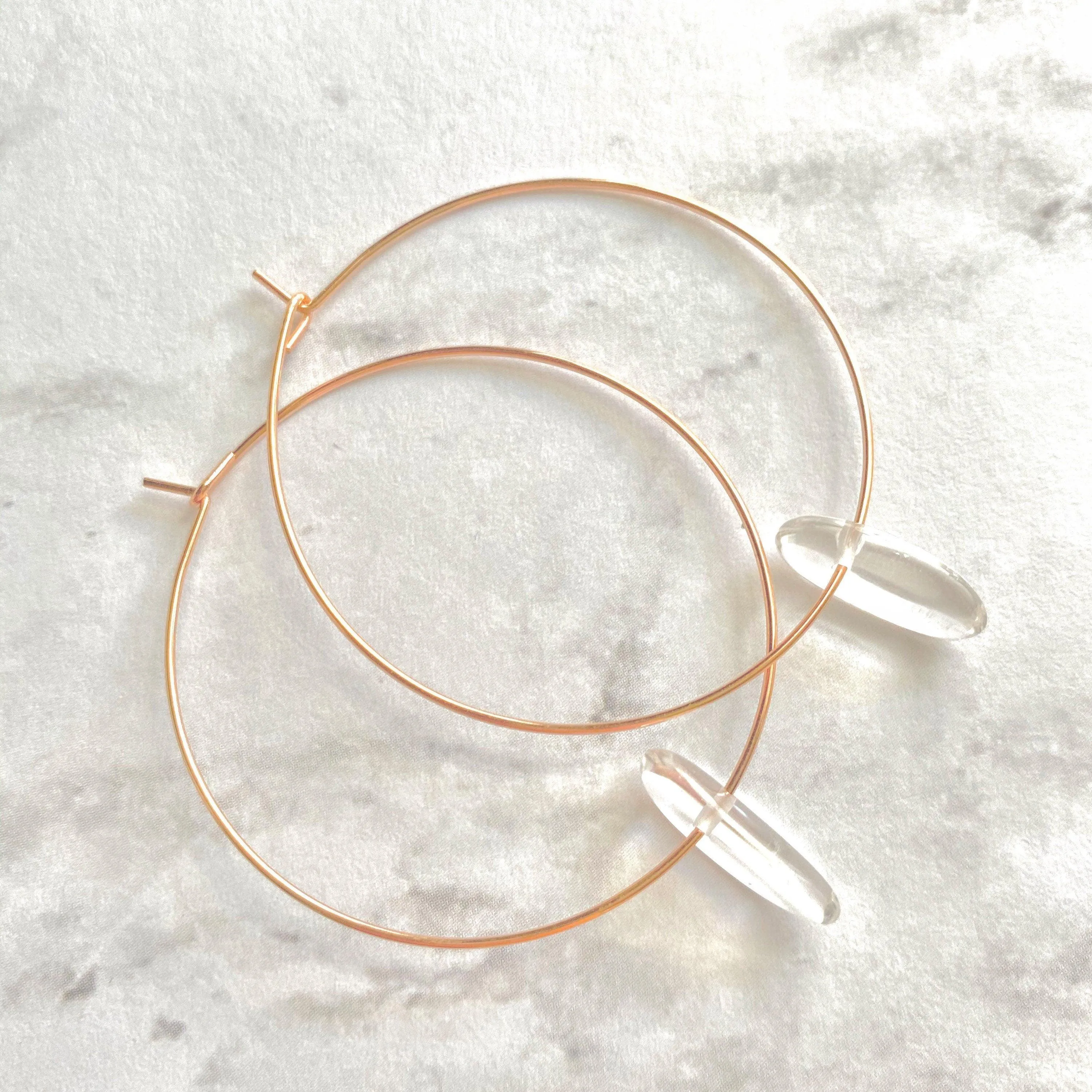 Rose Gold Hoops w/ clear quartz crystal spikes - thin simple 1.5 inch diam earrings - sacred healing concentration memory energy vibrations