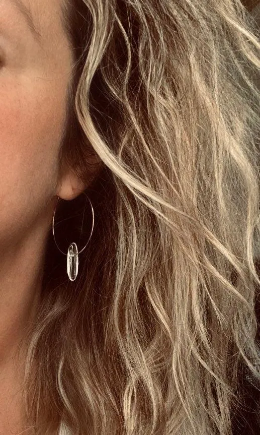 Rose Gold Hoops w/ clear quartz crystal spikes - thin simple 1.5 inch diam earrings - sacred healing concentration memory energy vibrations