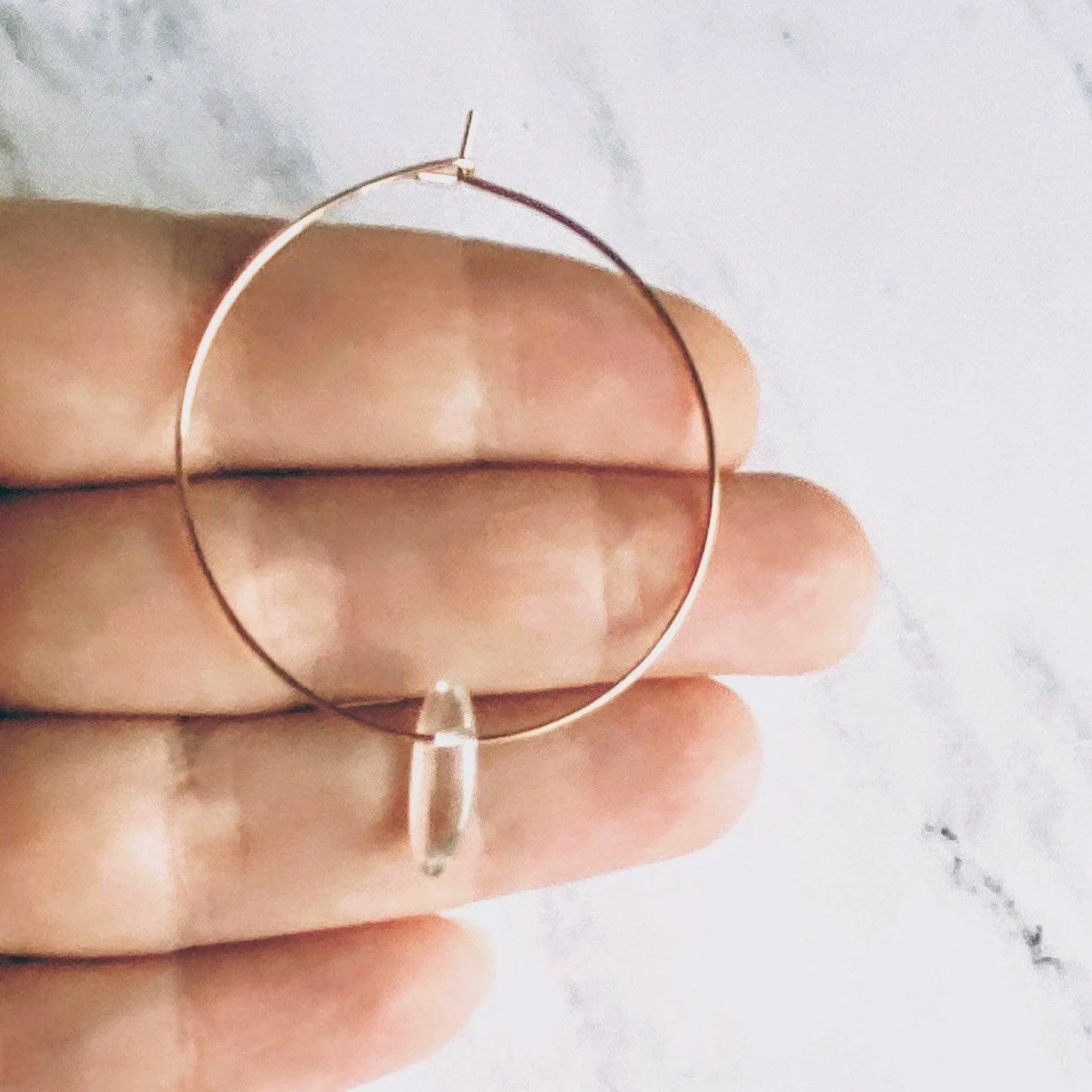 Rose Gold Hoops w/ clear quartz crystal spikes - thin simple 1.5 inch diam earrings - sacred healing concentration memory energy vibrations