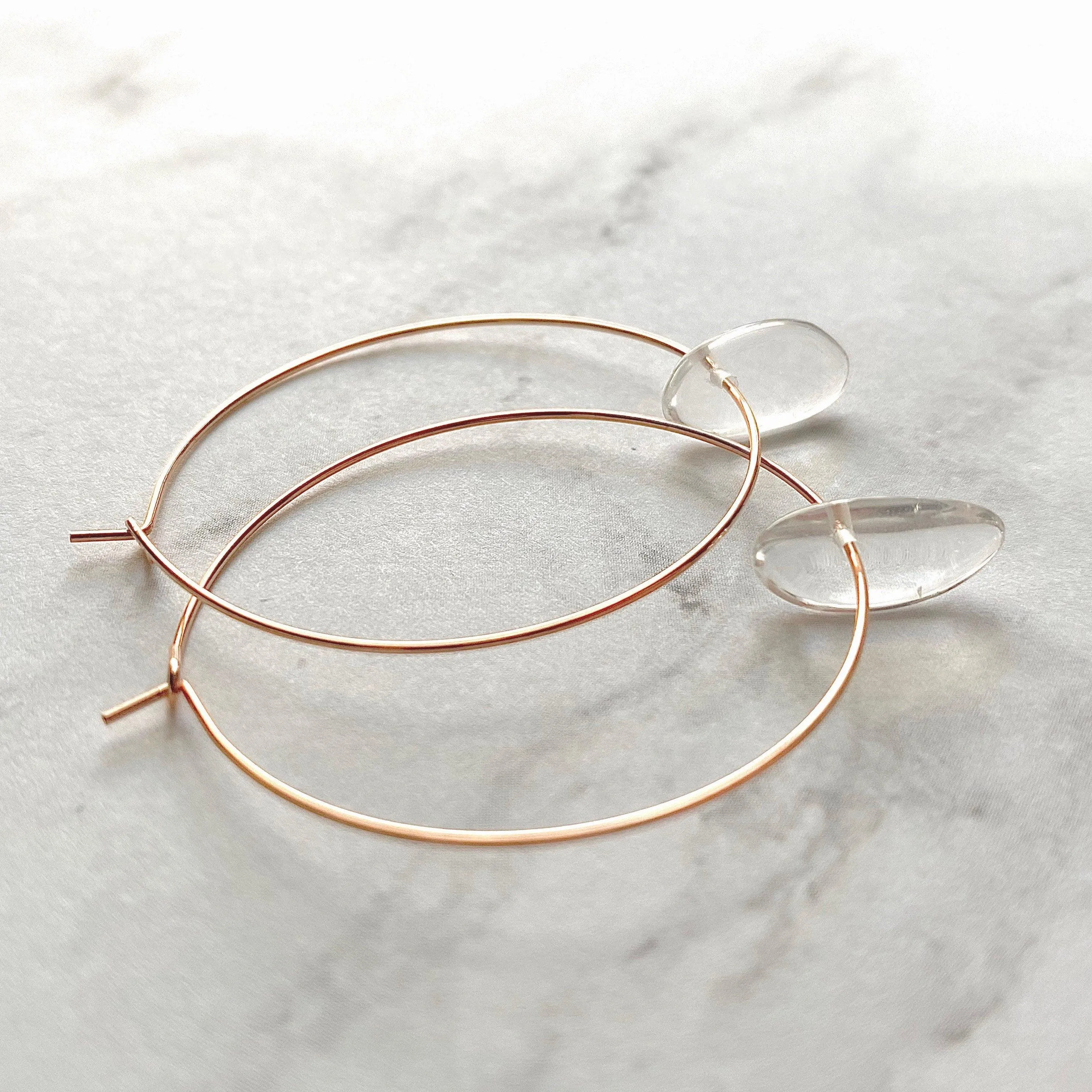 Rose Gold Hoops w/ clear quartz crystal spikes - thin simple 1.5 inch diam earrings - sacred healing concentration memory energy vibrations