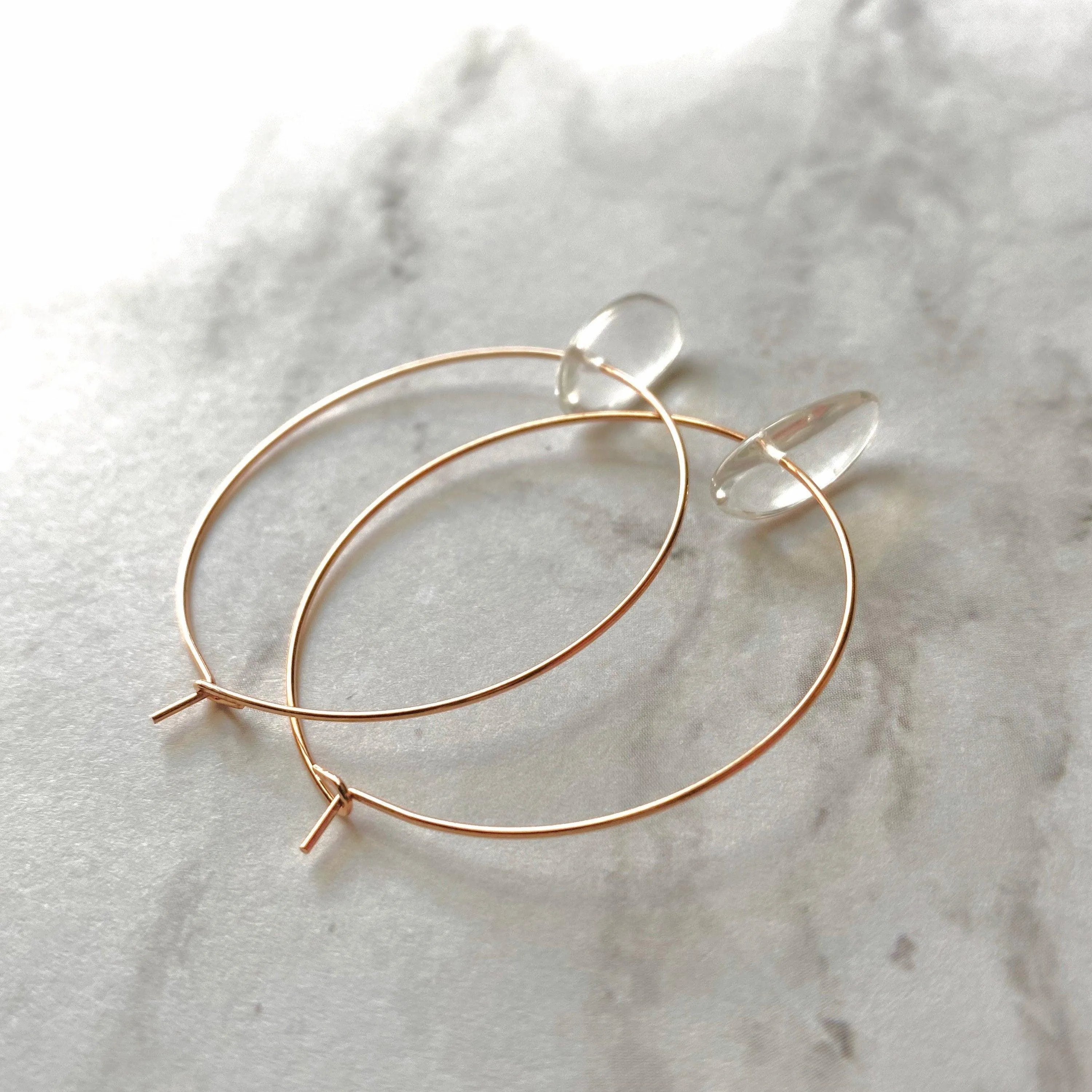 Rose Gold Hoops w/ clear quartz crystal spikes - thin simple 1.5 inch diam earrings - sacred healing concentration memory energy vibrations