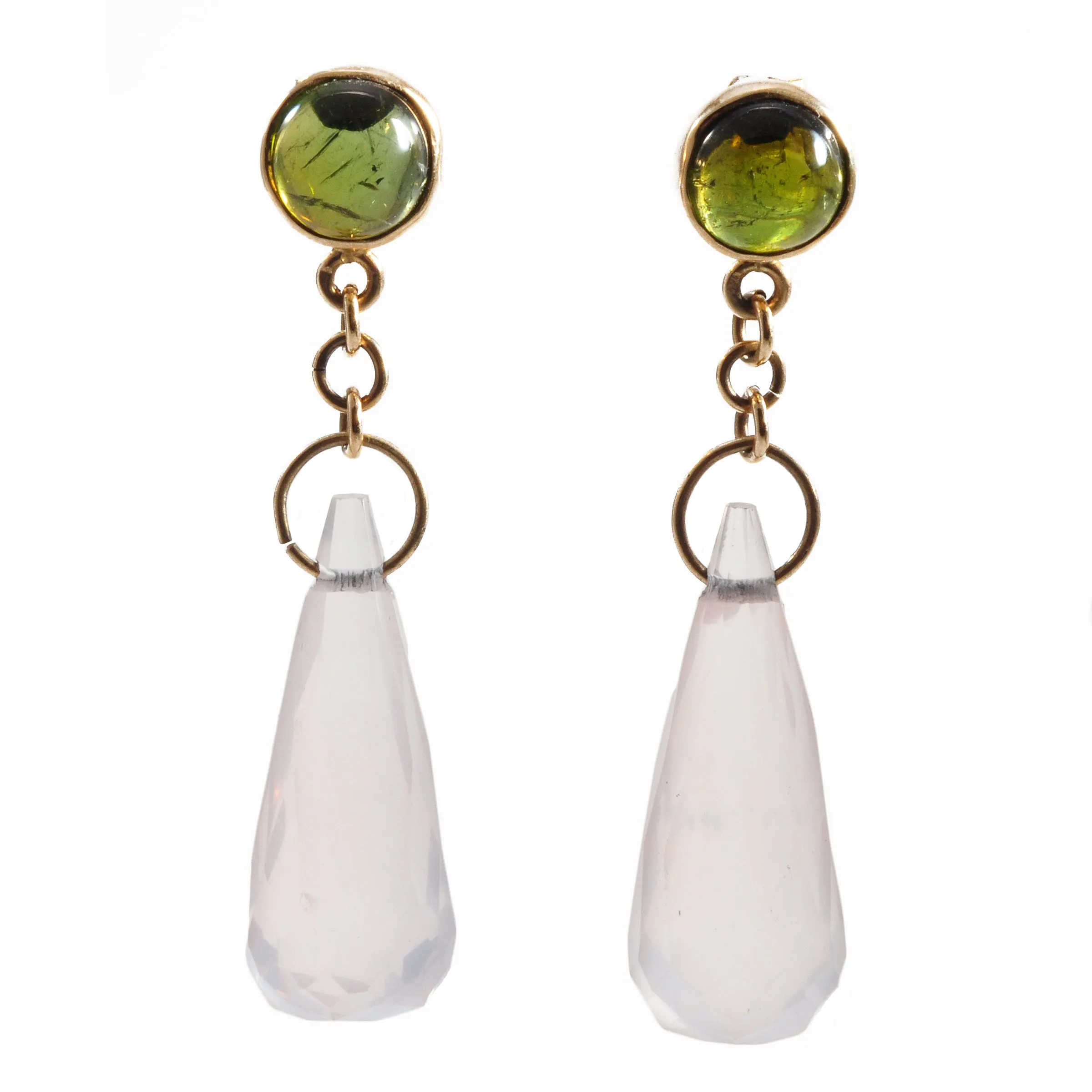 Rose Quartz 28.96 mm 37.82 carats with Green Tourmaline 14K Handcrafted Gemstone Earrings