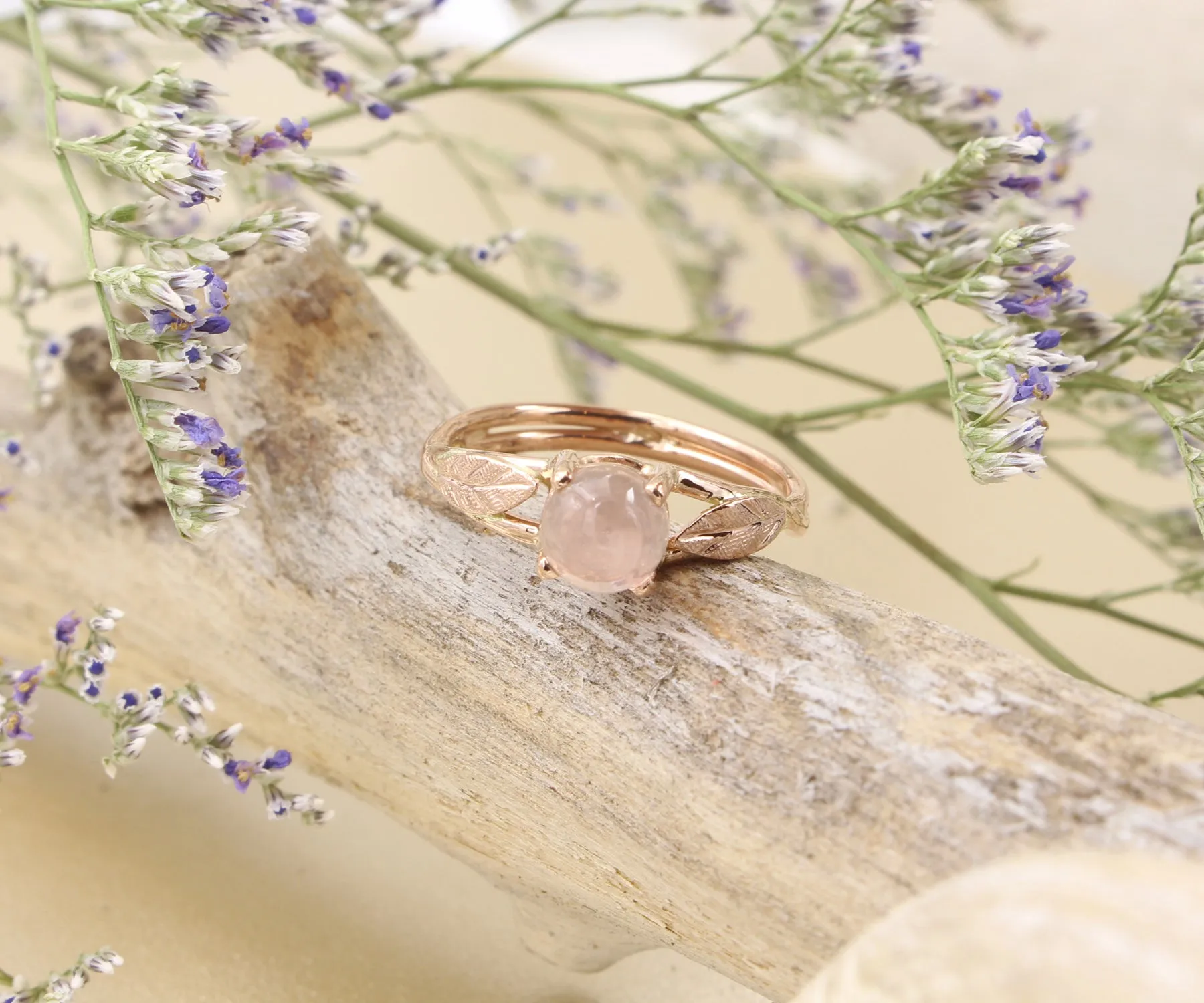 Rose Quartz Leaf Rose Gold Dainty Floral Ring