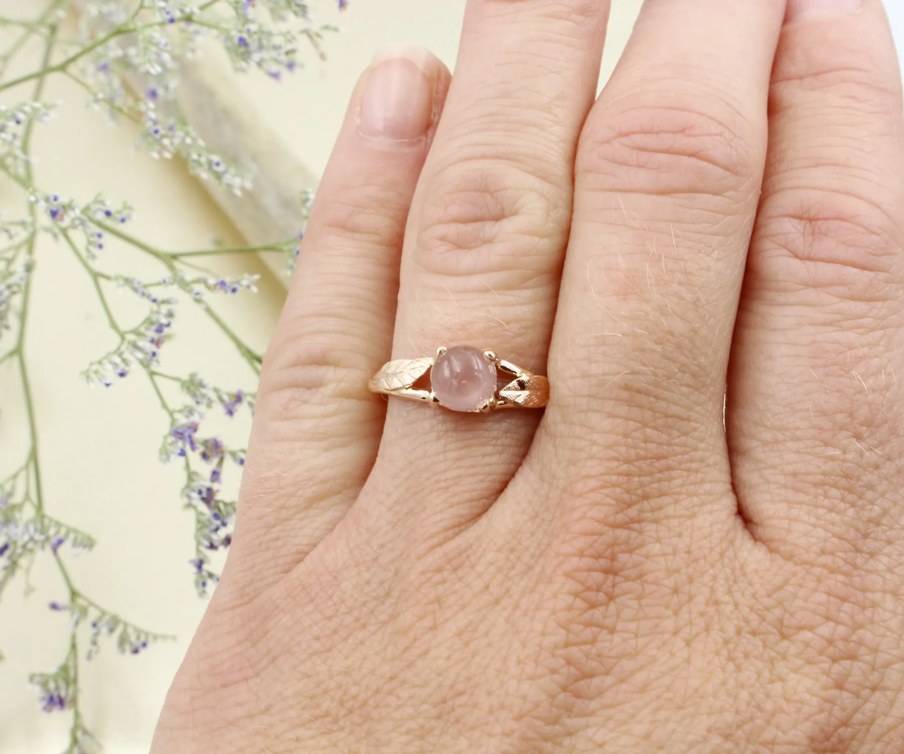 Rose Quartz Leaf Rose Gold Dainty Floral Ring