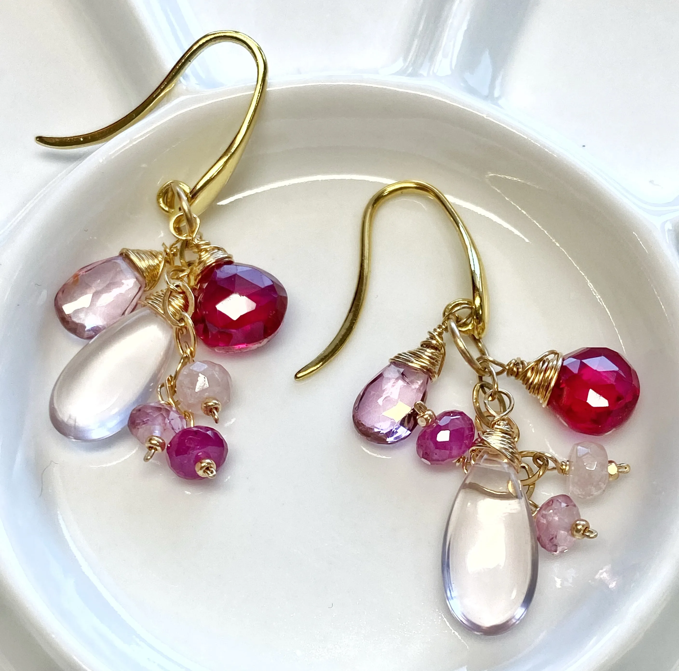 Rose Quartz, Red and Pink Topaz Dangle Earrings, Gold Fill